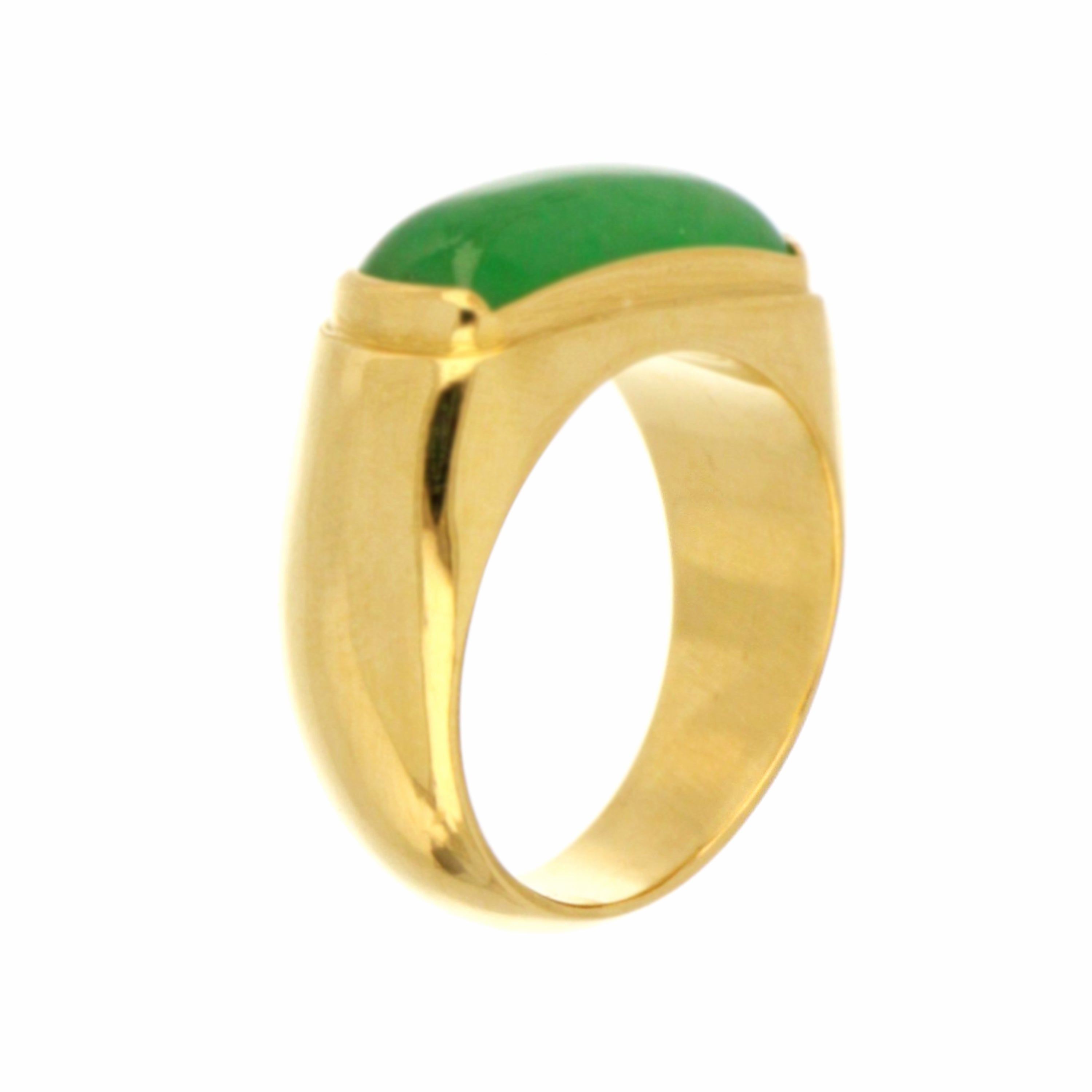 Artisan-crafted 14kt yellow gold band with saddle-shaped natural jadeite jade, ring size 11.25