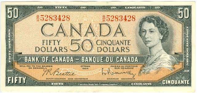 Canada 1937 $50 banknote front, vintage note with clear print and signatures
