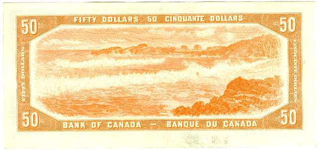 Canada 1937 $50 banknote back view, classic design, very fine condition