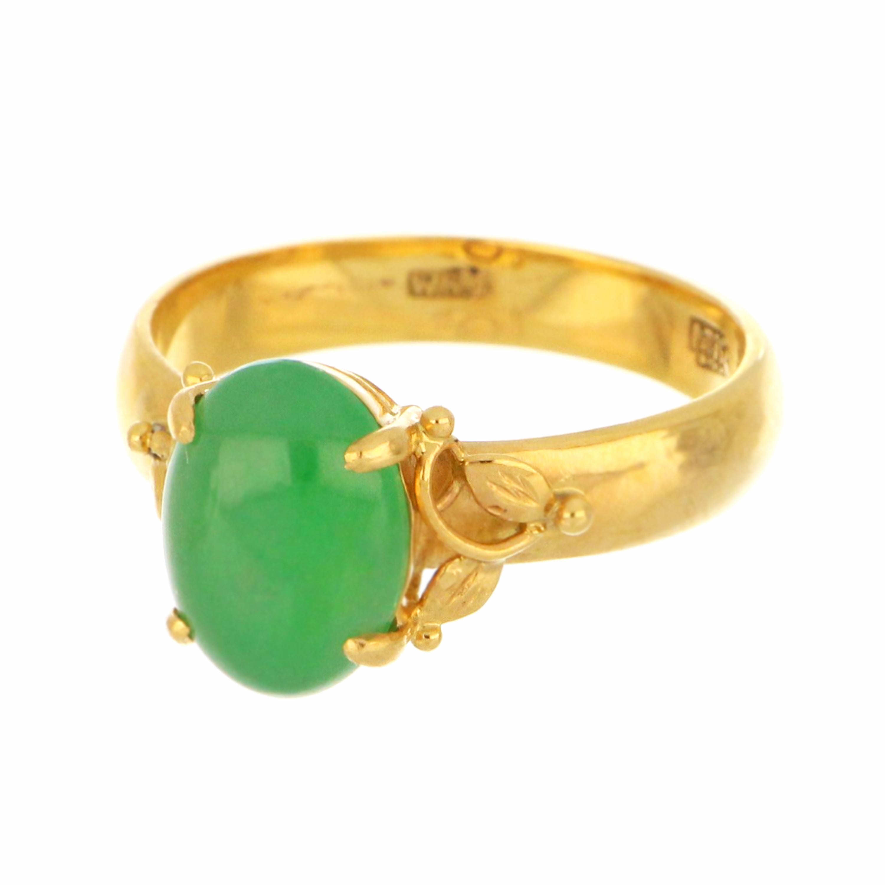 Detailed view of 14kt yellow gold shank with smooth polished finish and natural jadeite jade oval cabochon