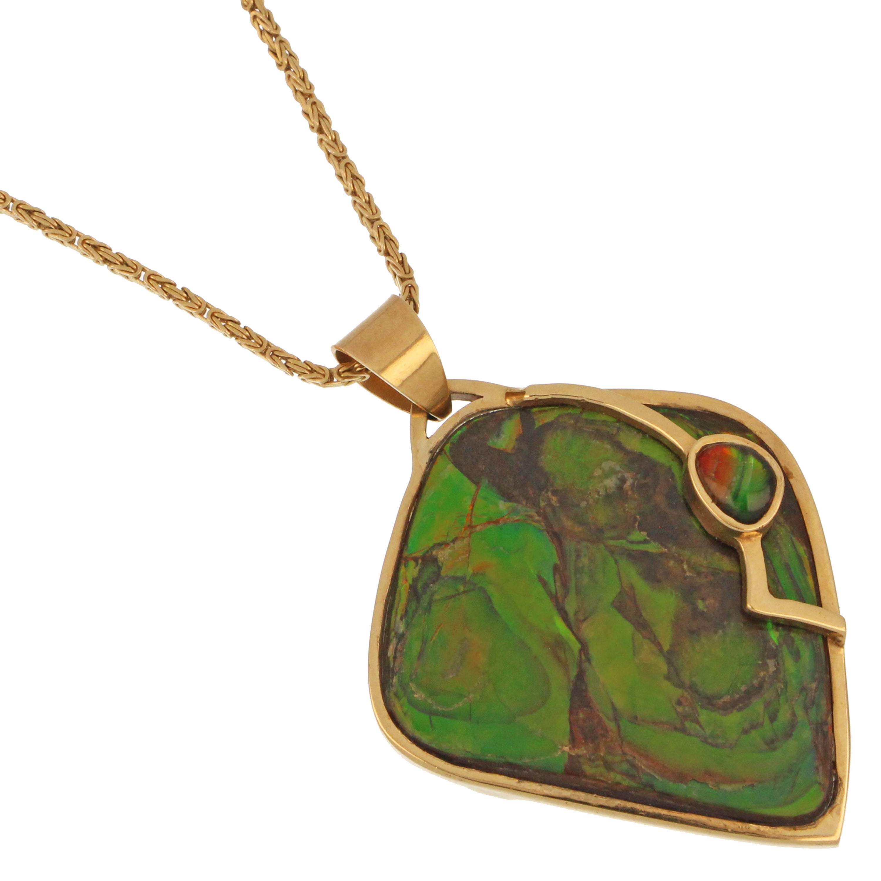 Back view of 14kt yellow gold ammolite pendant with smooth gold finish and bail
