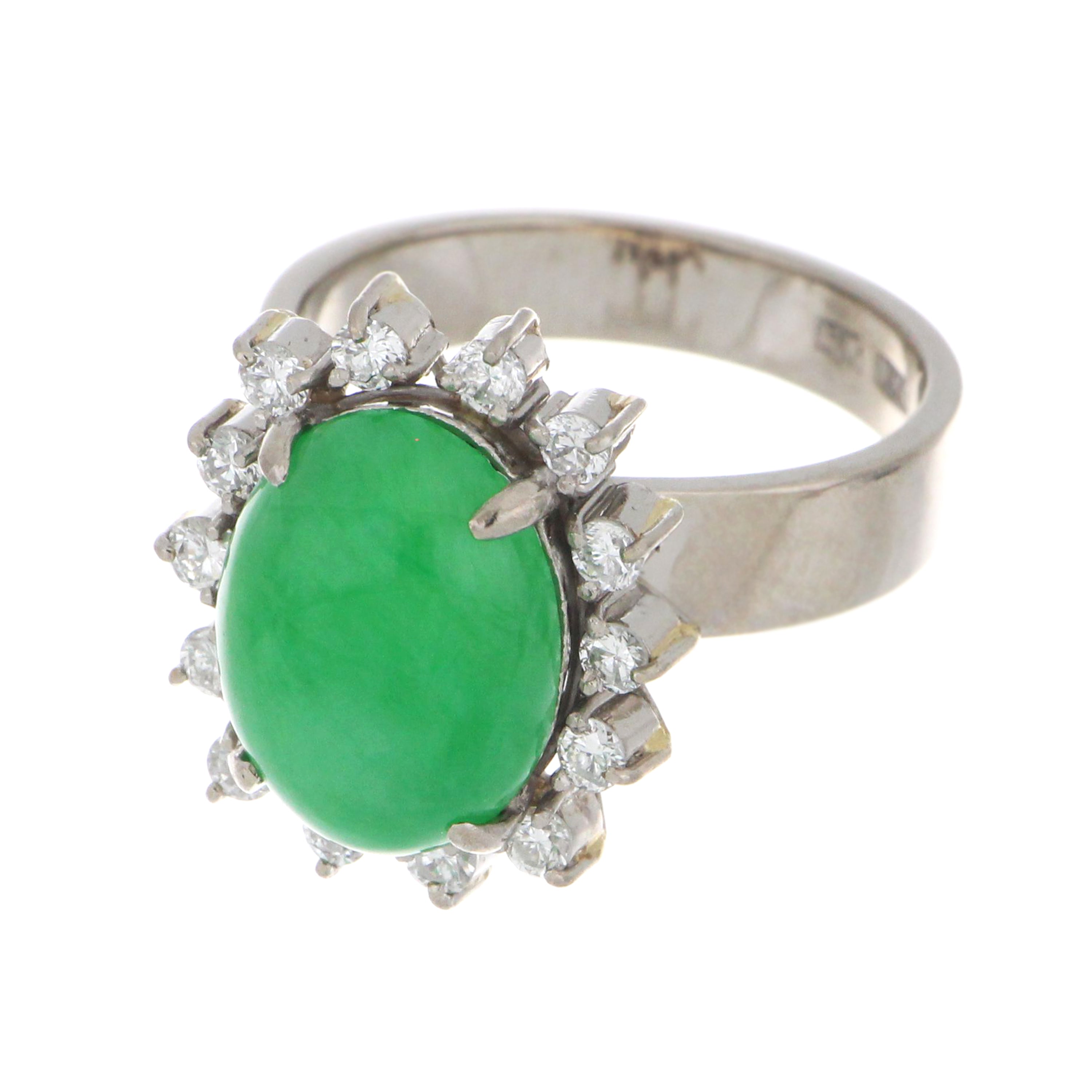 Top view of the luxury 18kt white gold ring with natural jadeite and 14 round diamonds totaling 0.45ct