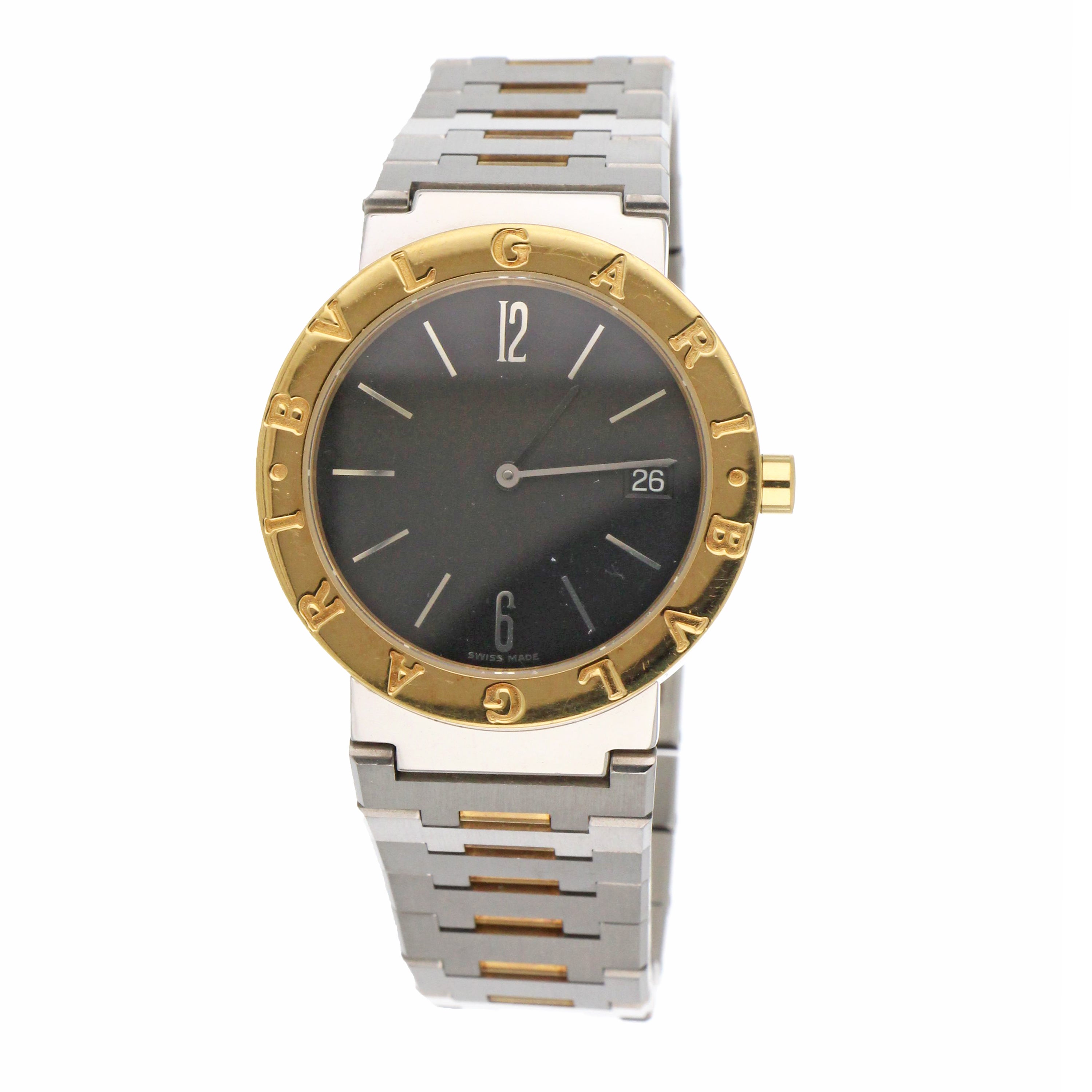 Back view of Mens' Bvlgari watch with solid stainless steel case back and model reference SS 38 SG