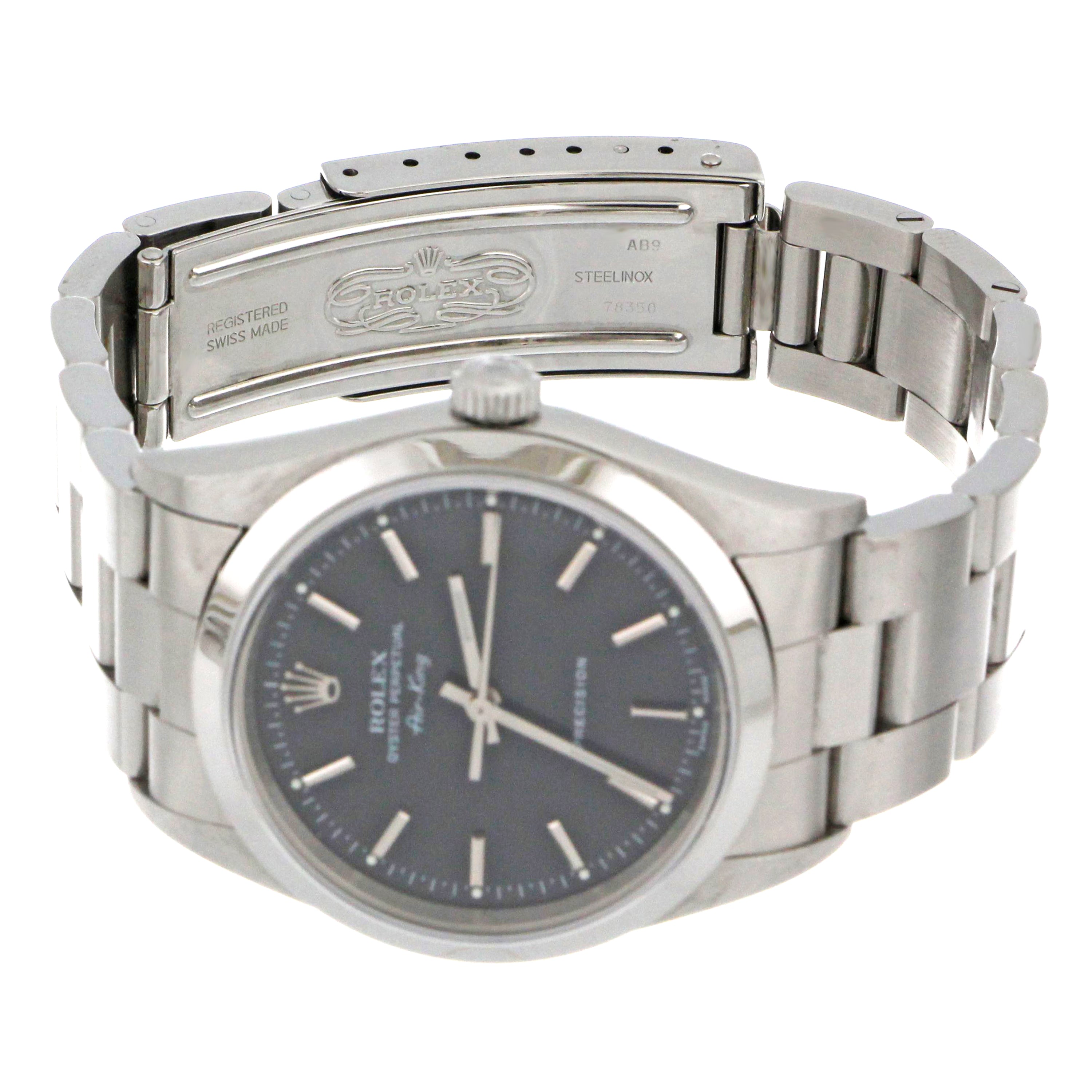Rolex Oyster Perpetual Air King watch face and stainless steel oyster bracelet, side view