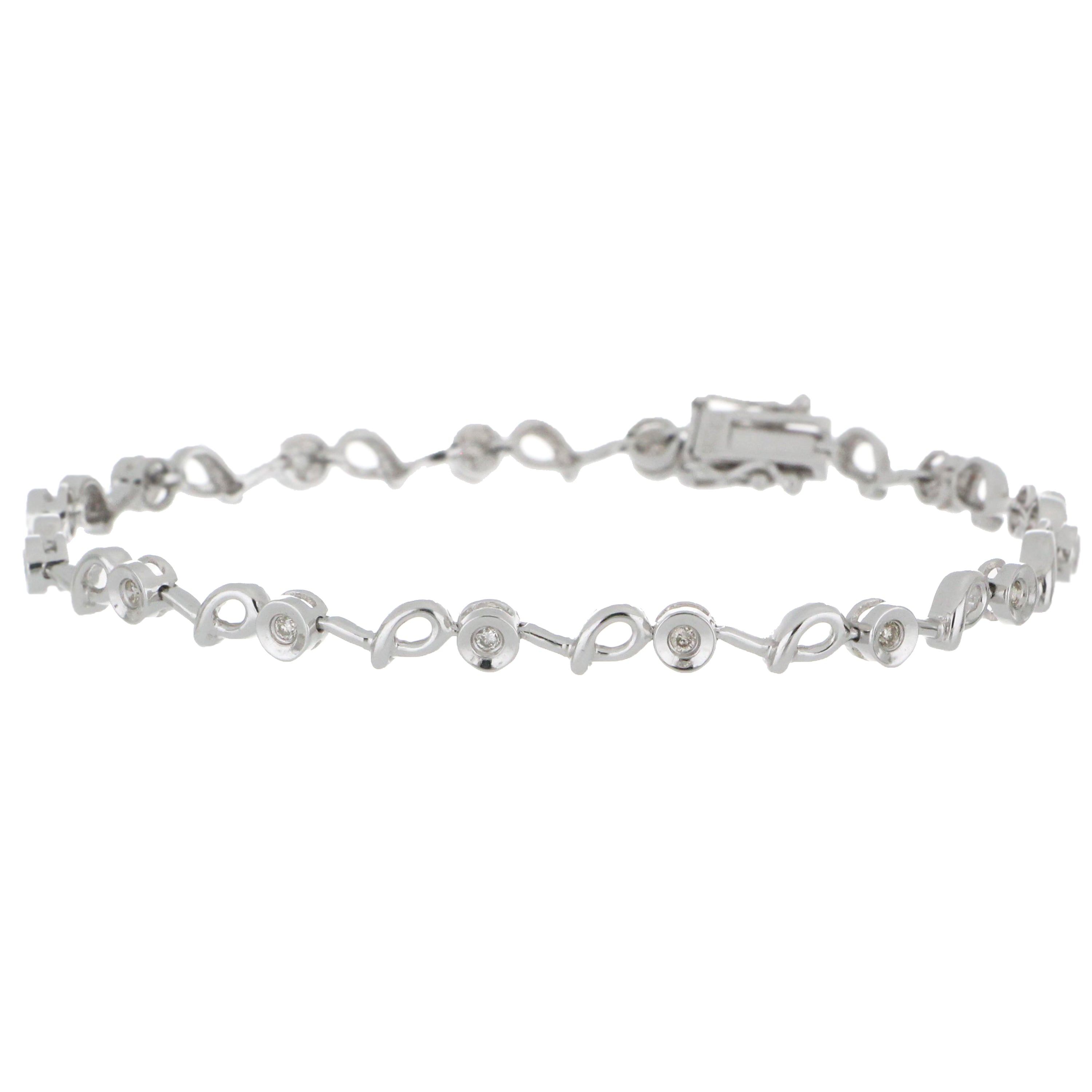 14kt white gold diamond bracelet close-up showing 15 round diamonds in gypsy setting with elegant design