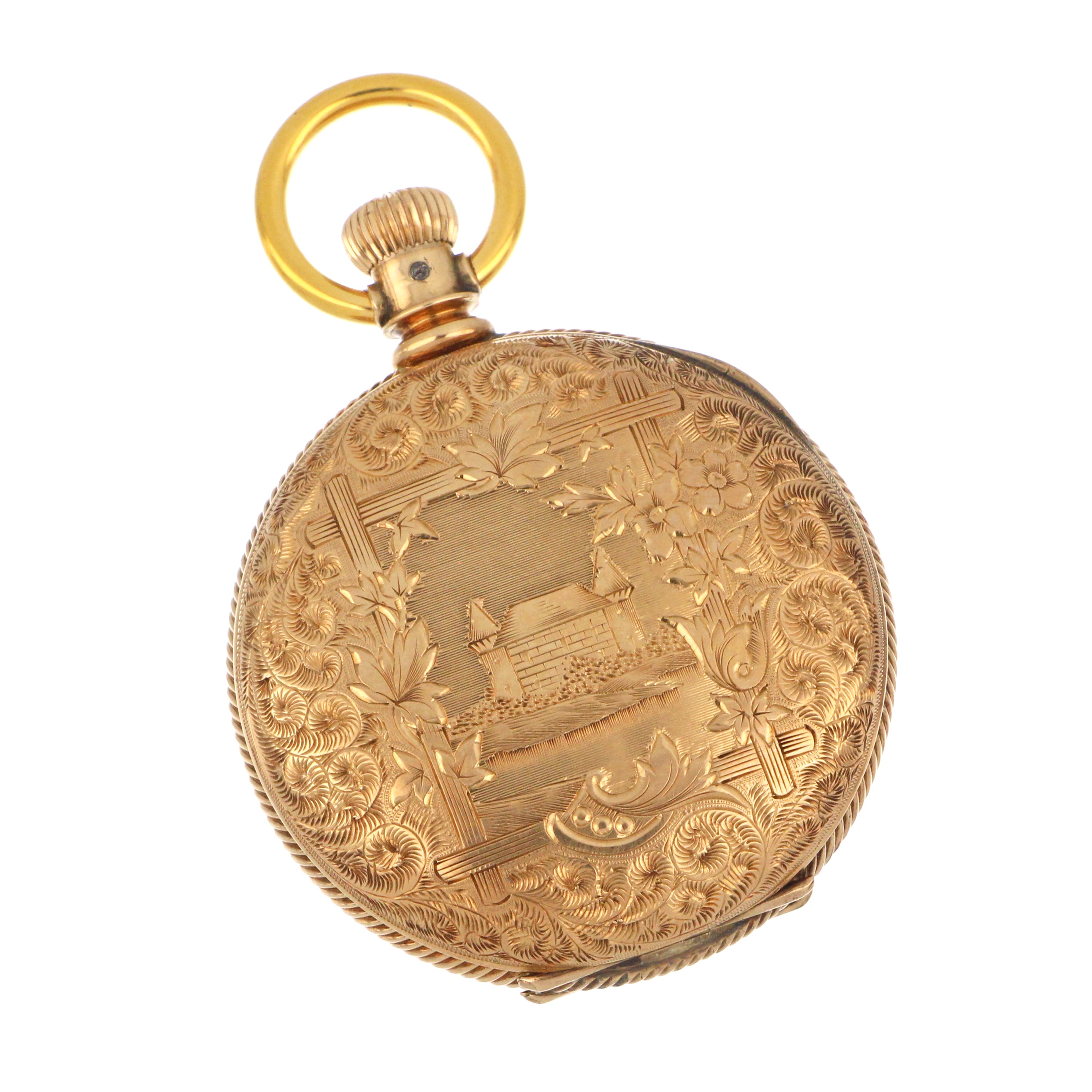 Open hunter case back revealing intricate vintage mechanical movement with 11 jewels