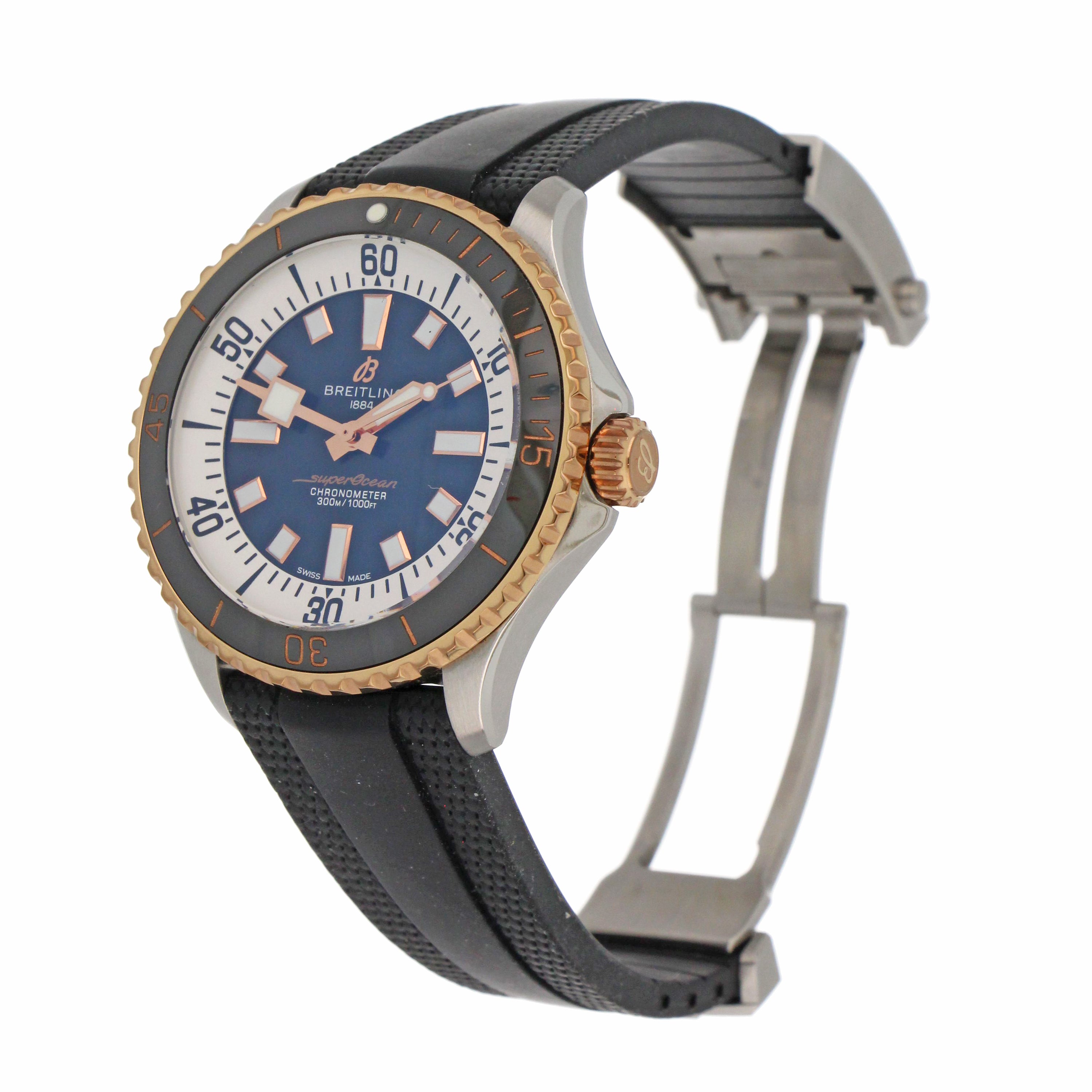 Back view of Breitling SuperOcean showing solid stainless steel case back.