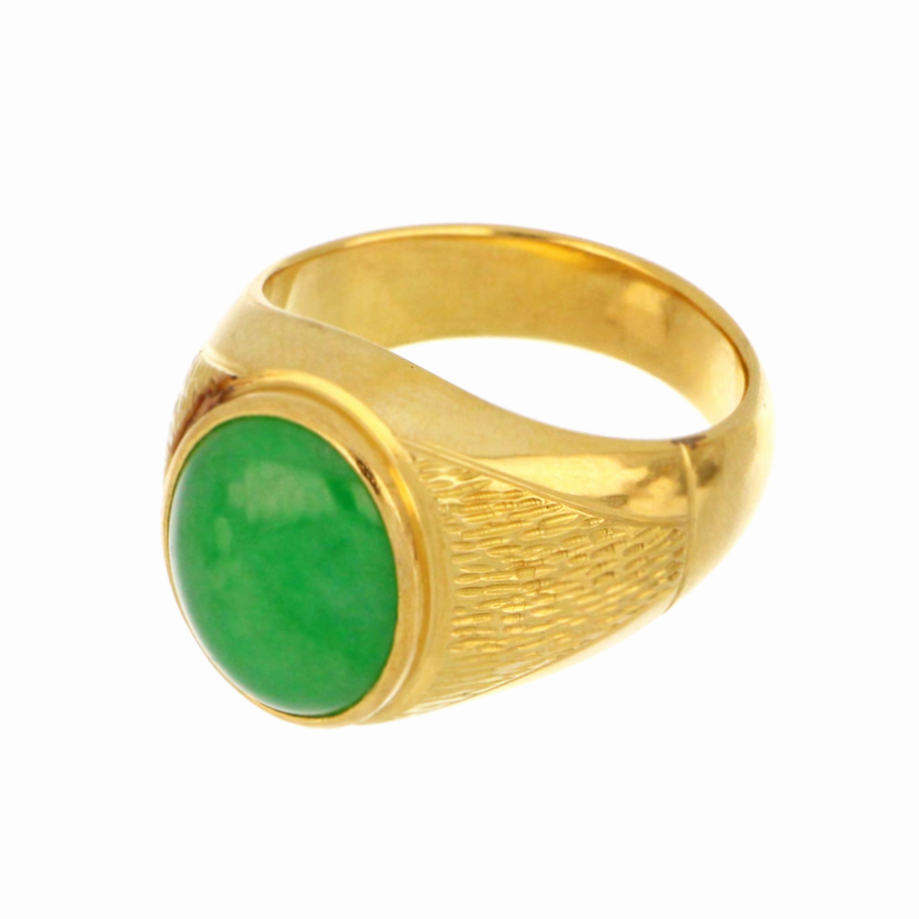 Detailed angled shot of yellow gold band with natural jadeite jade, demonstrating polished craftsmanship and ring size 9.5