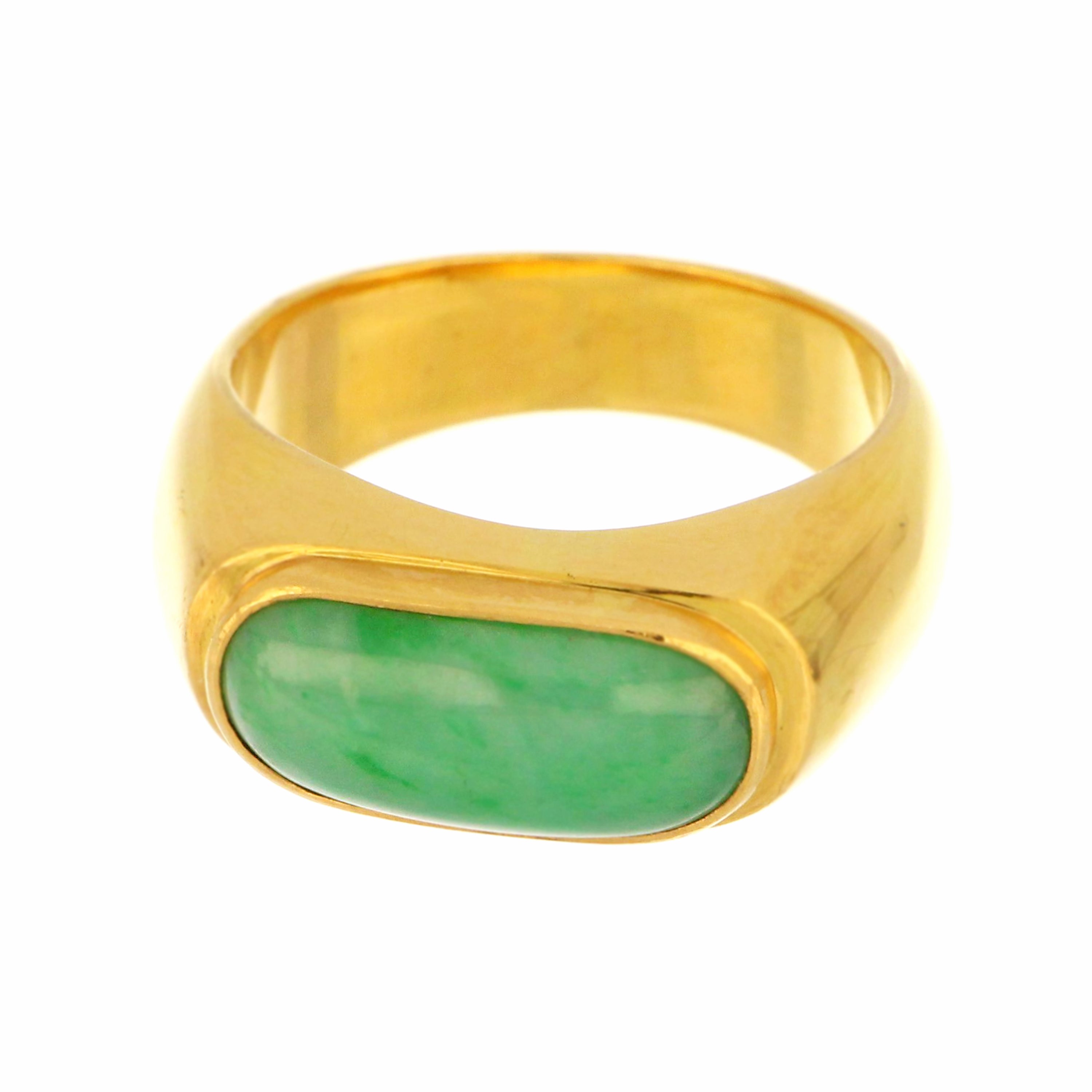 Detailed view of natural jadeite jade band set in 14kt yellow gold, ring size 9.25, fine collectible jewelry