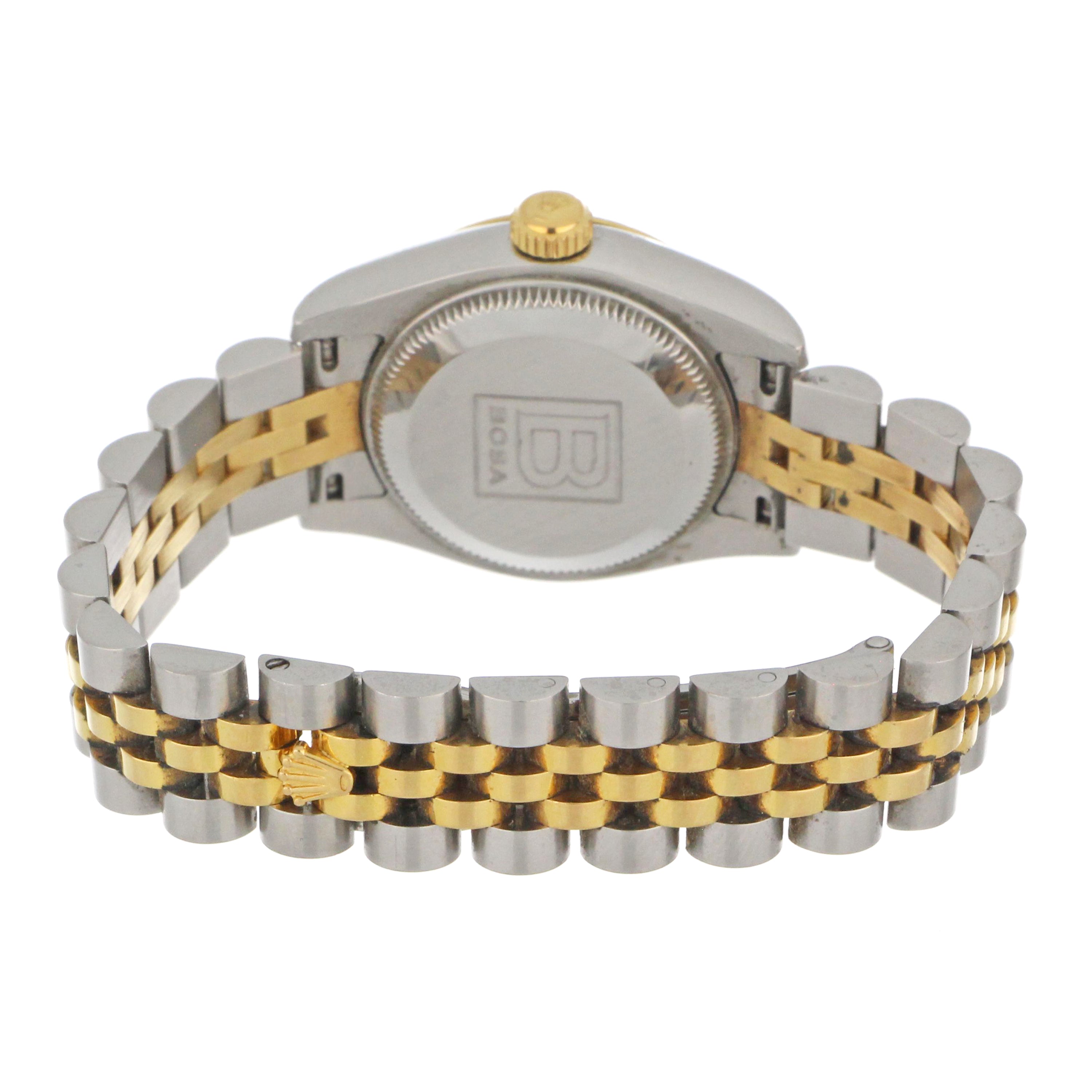 View of jubilee bracelet combining 18kt yellow gold and stainless steel links on Rolex Datejust watch