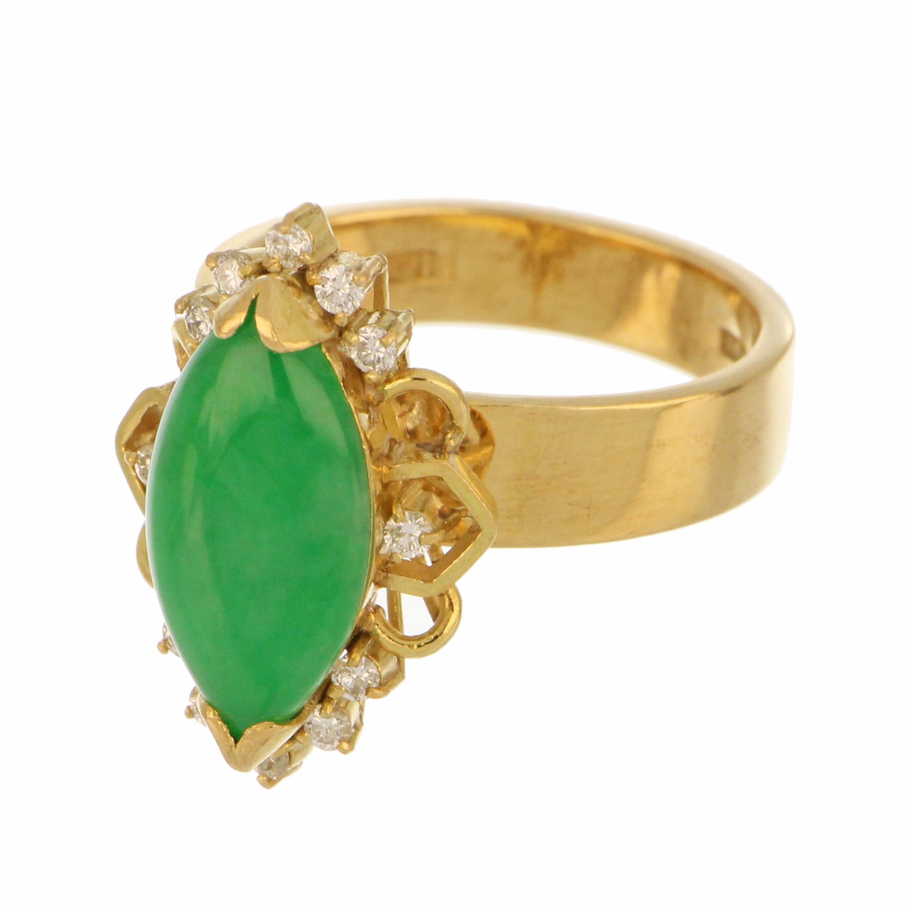 Artistic angle of 18kt yellow gold jade ring highlighting polished band and intricate diamond detail