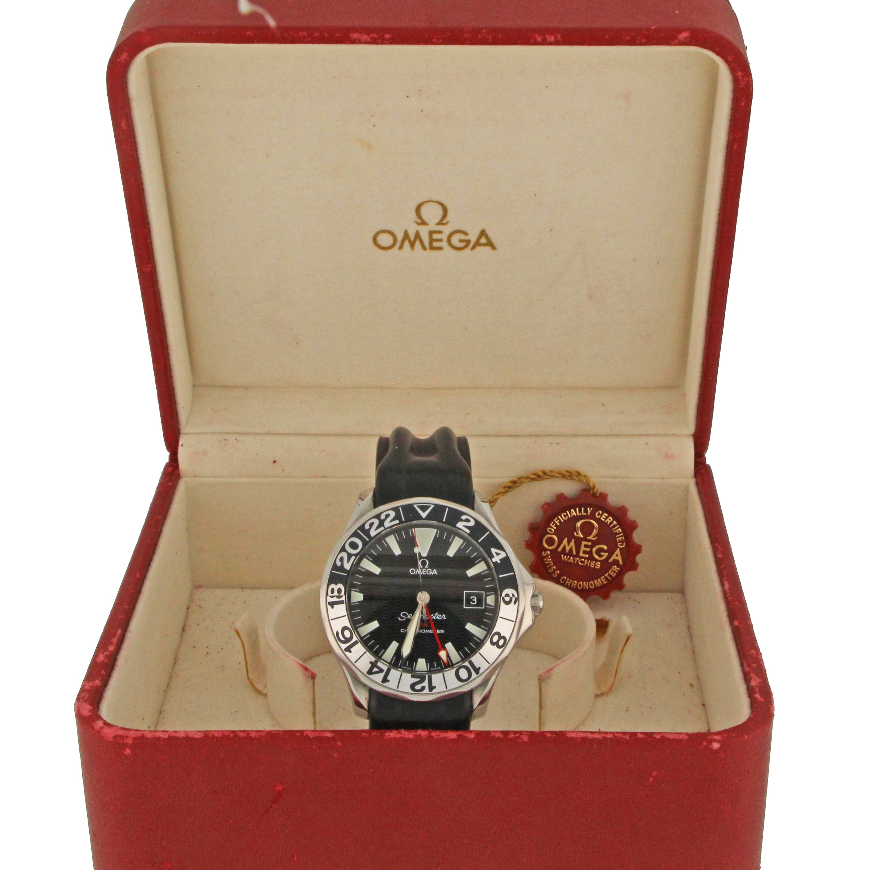 Black dial of Omega Seamaster with sapphire crystal and luminescent hands