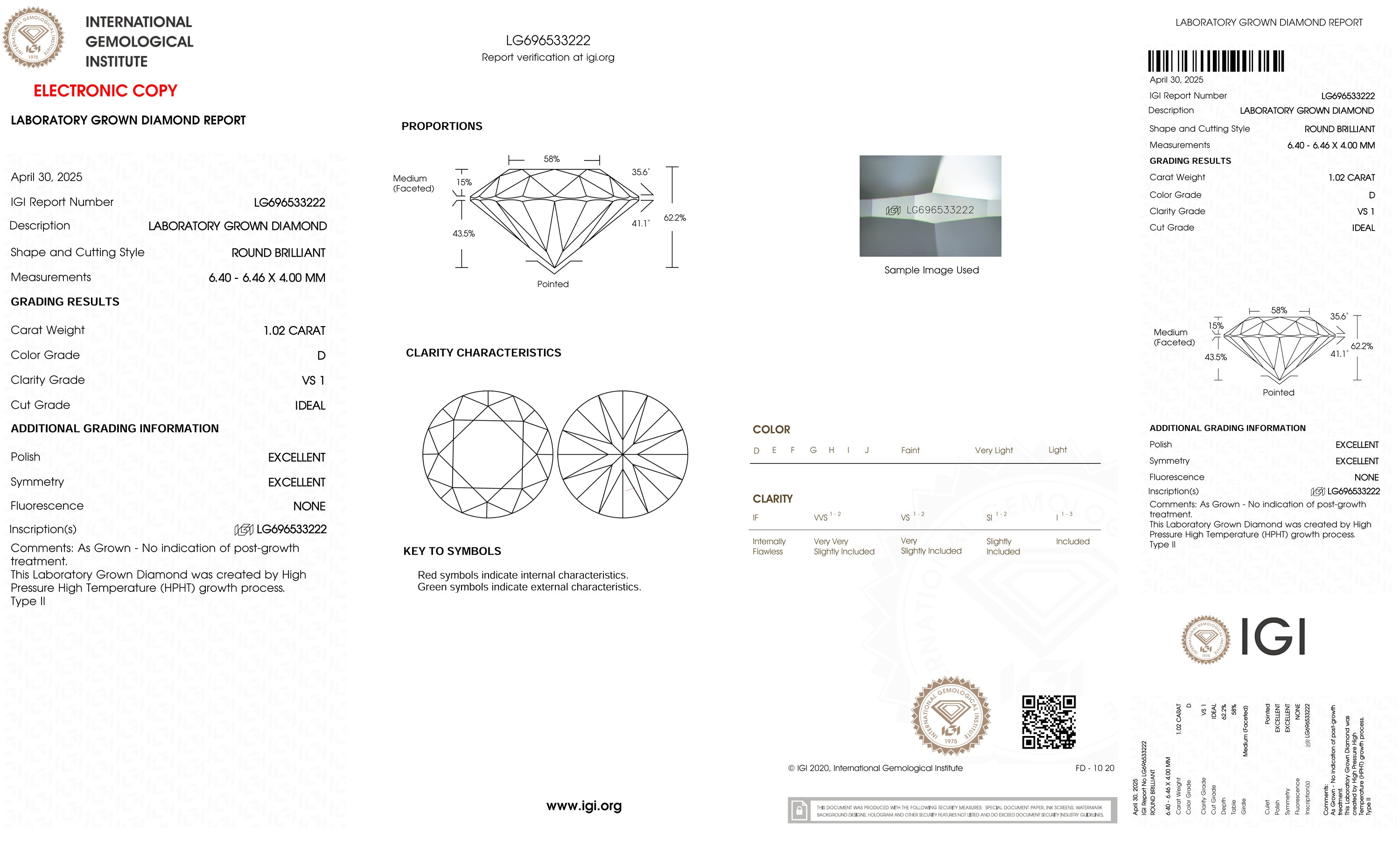 Detail of round brilliant cut 1.02ct lab grown diamond in 6-claw 14kt yellow gold setting