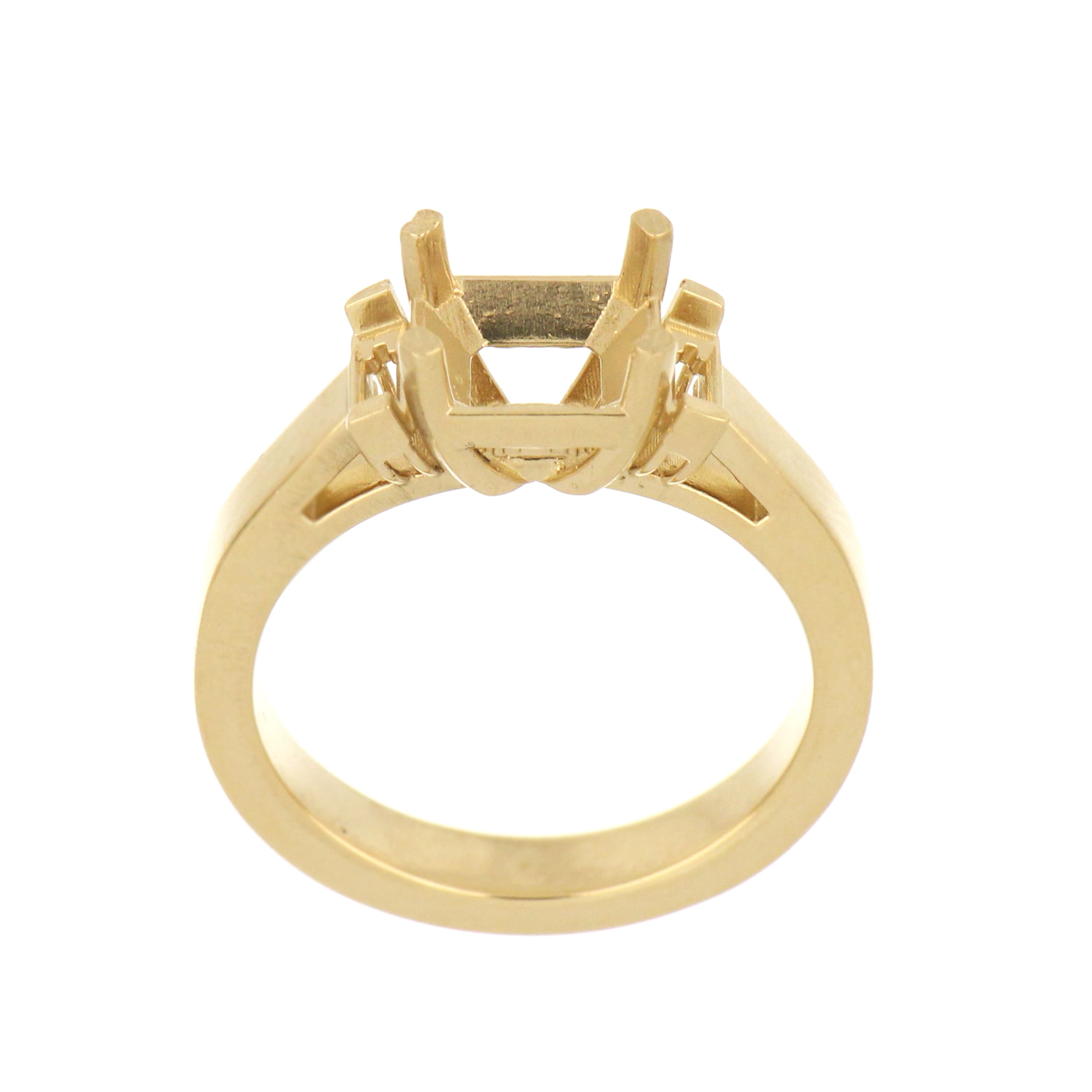 14kt yellow gold three-stone ring mounting with emerald cut center and channel-set side stones.