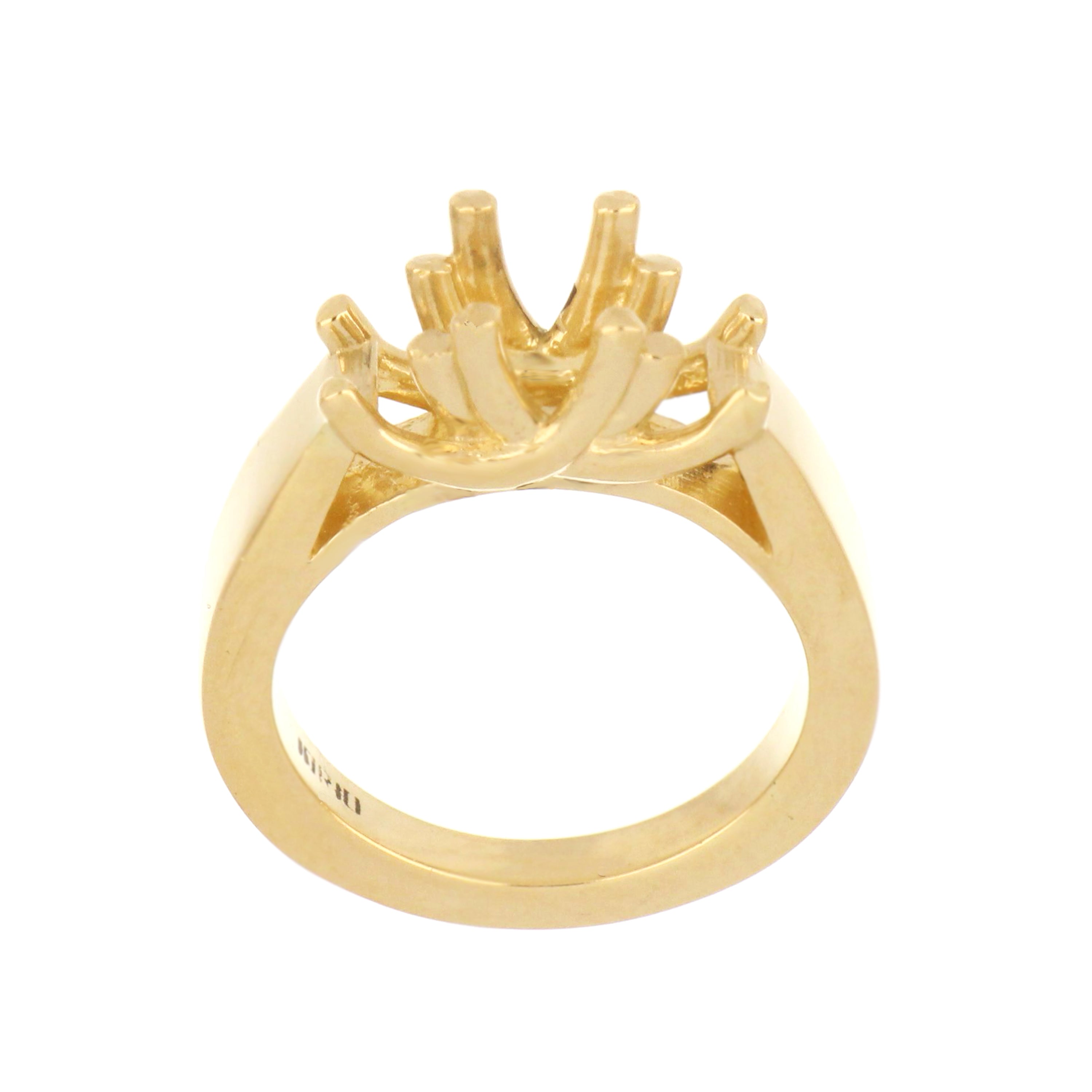 14kt yellow gold three-stone ring mounting with 4-claw prongs and polished wide band.