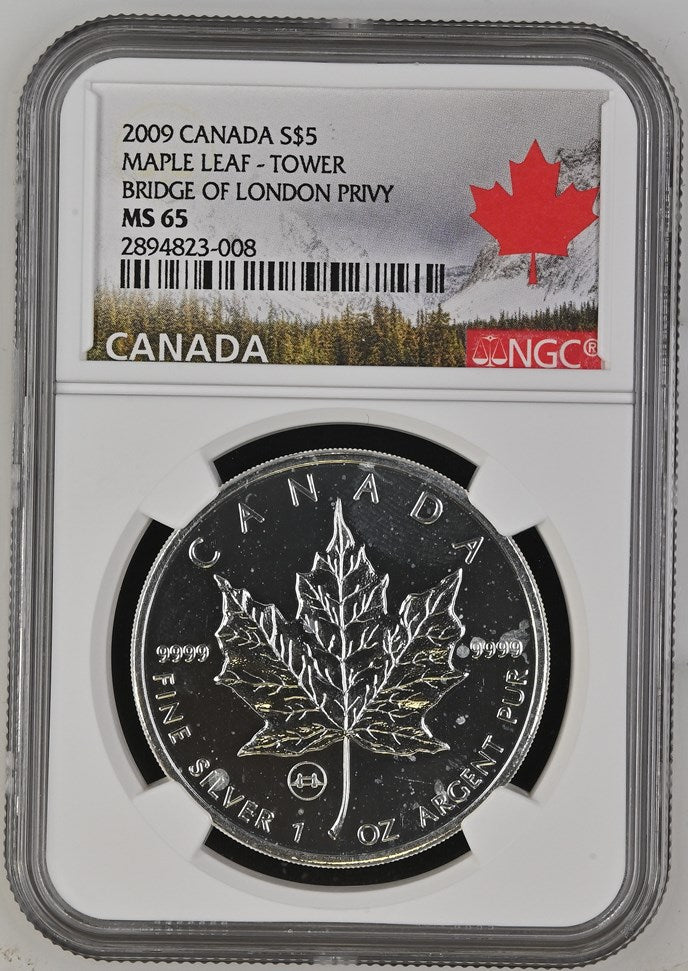 Canada Silver 2009 $5 Maple Leaf Tower Bridge of London Privy MS 1oz,