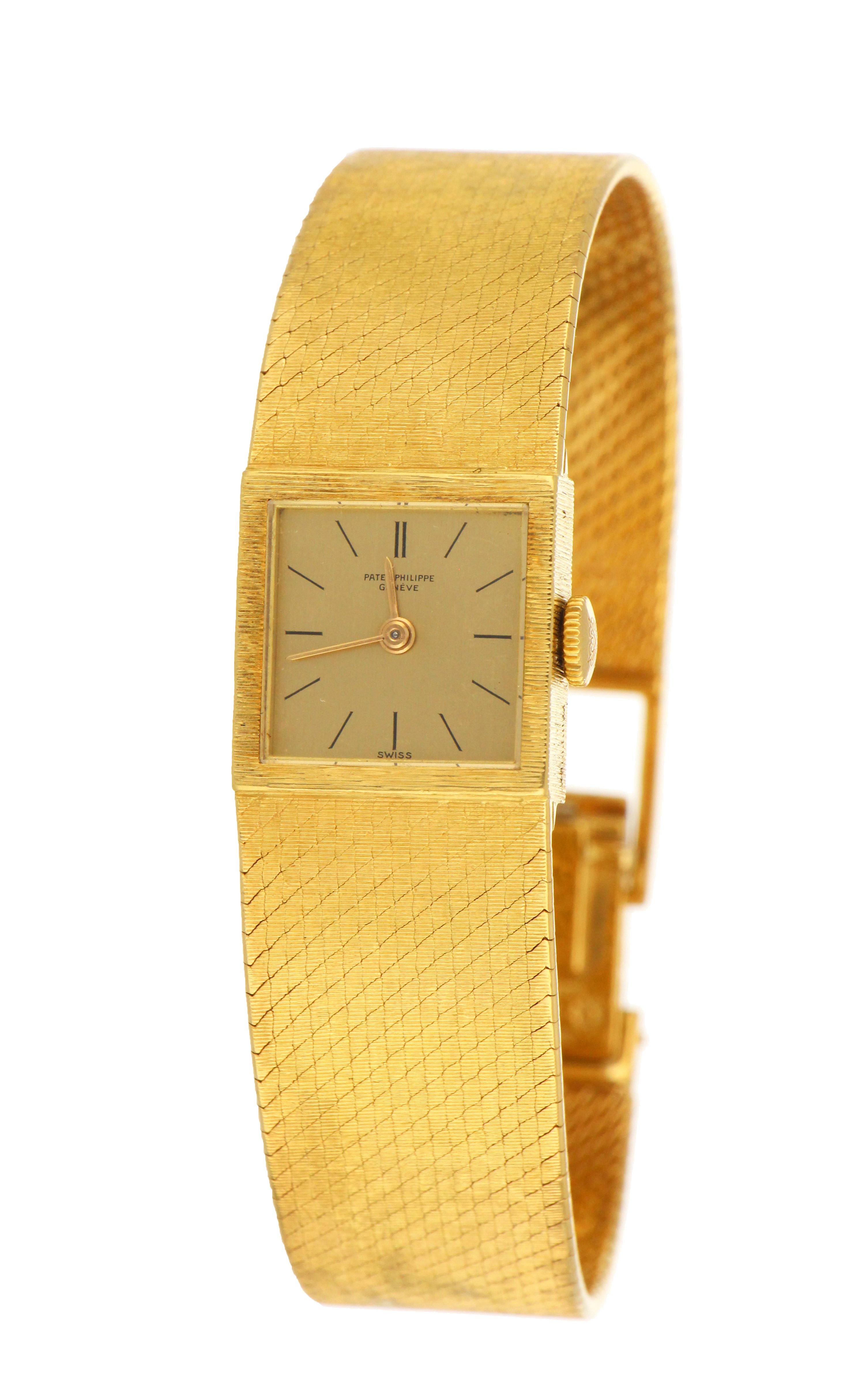 Side angle showing slim 16mm yellow gold case and bracelet of ladies Patek Philippe watch