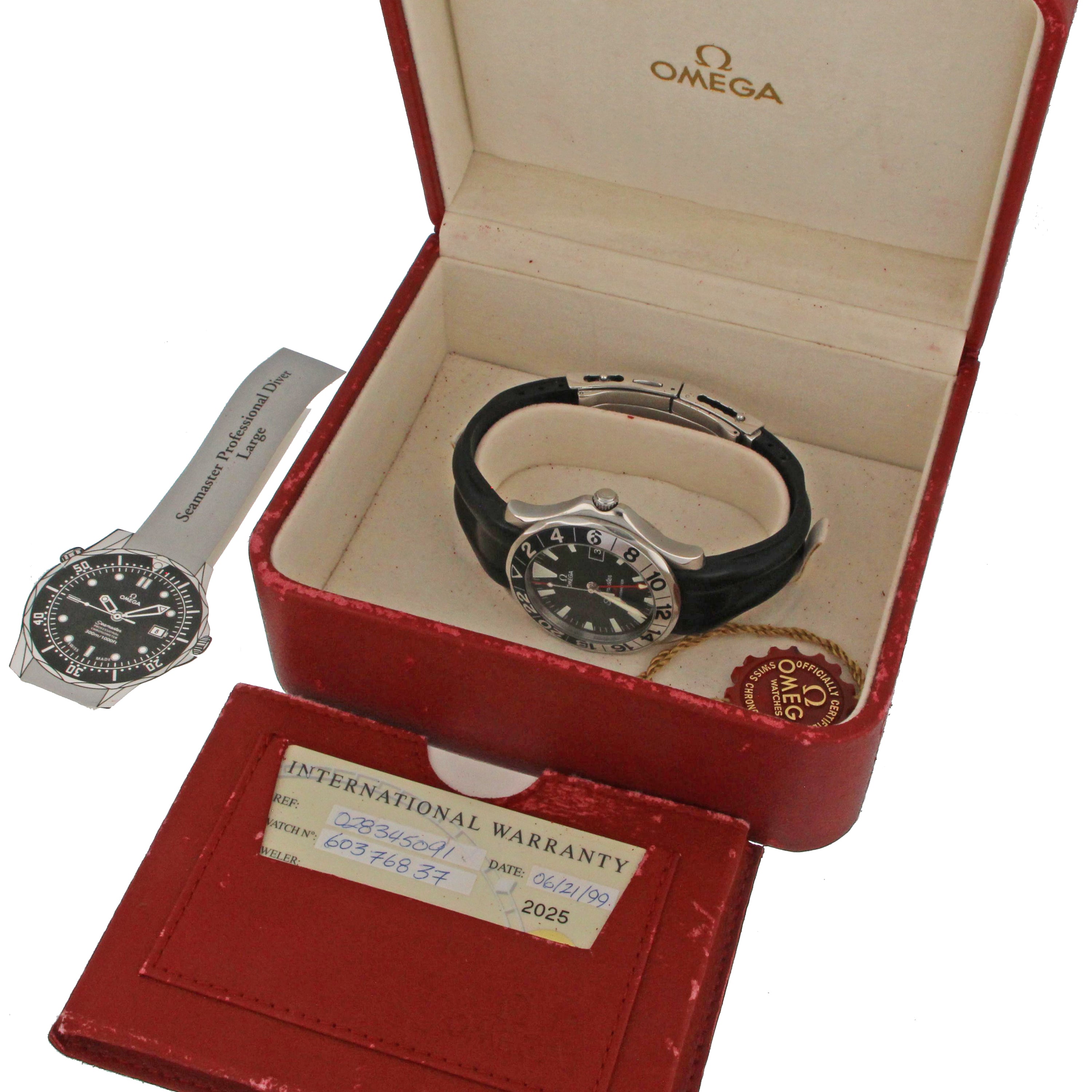 Original Omega box and certificate card for 1999 Seamaster wristwatch