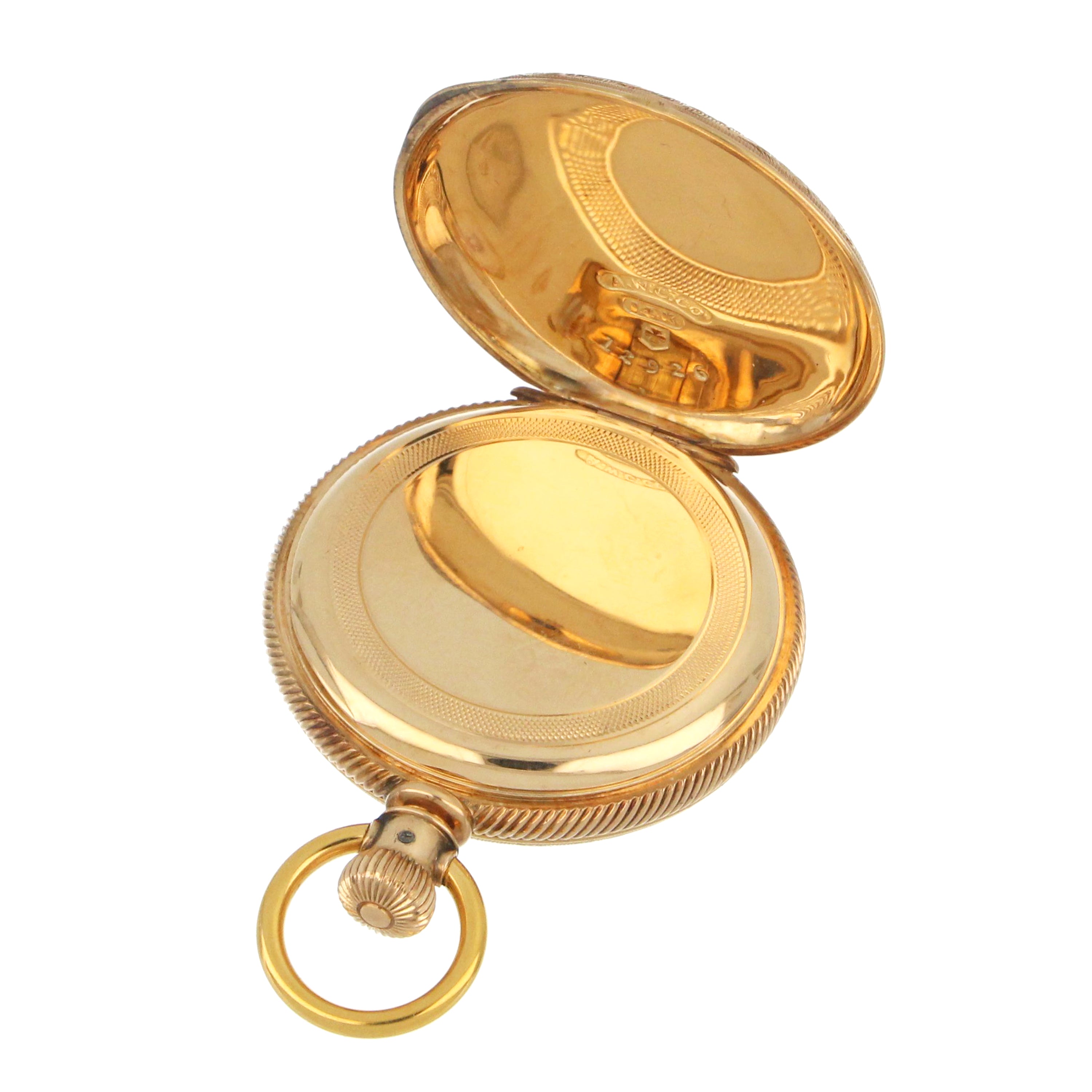 Flat lay of Elgin 1889 pocket watch showing white dial and gold case alongside measurement indicators