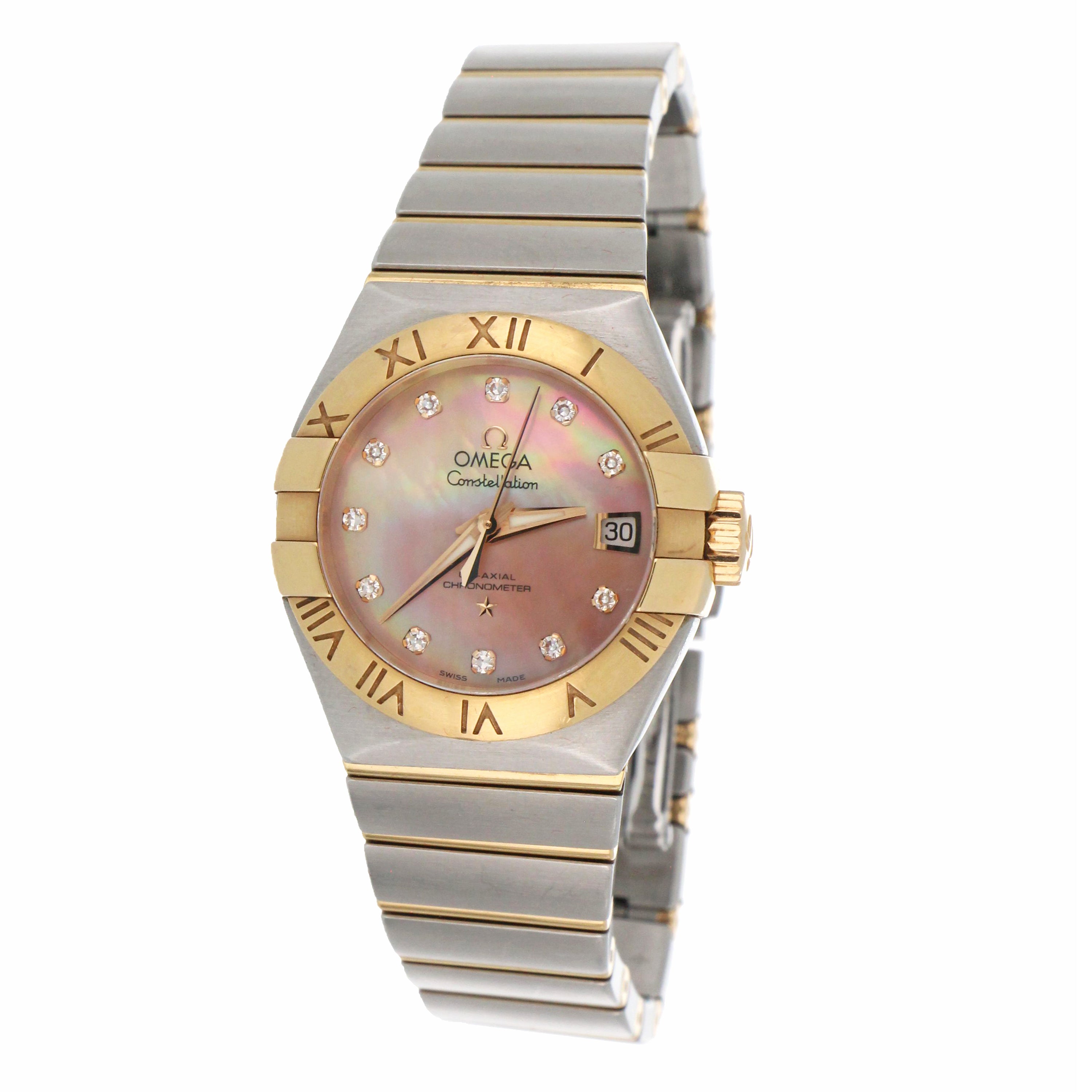 Side profile of Ladies Omega Constellation wristwatch highlighting stainless steel case and folding clasp bracelet