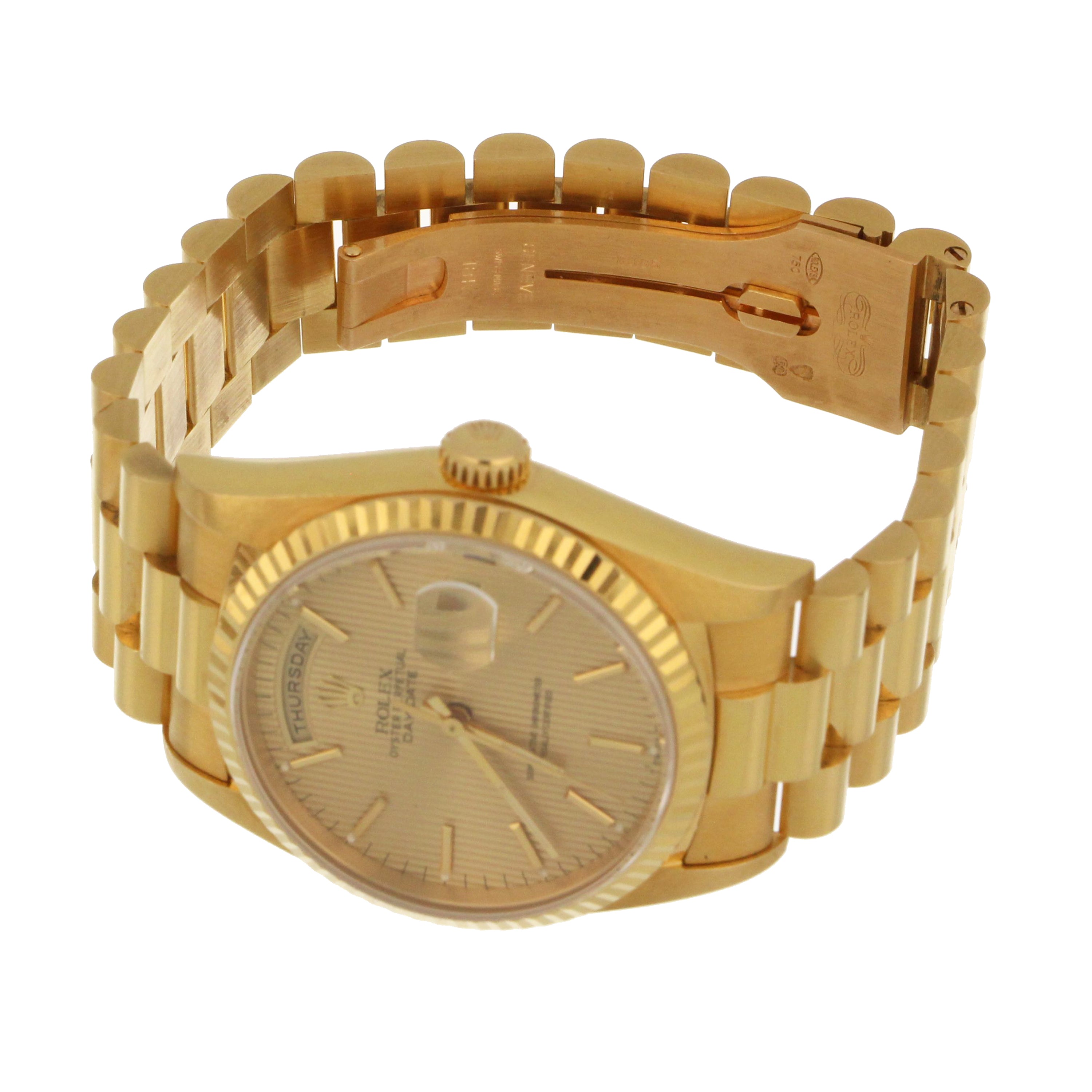 Back case solid yellow gold Rolex Oyster Perpetual Day-Date watch with sapphire crystal glass
