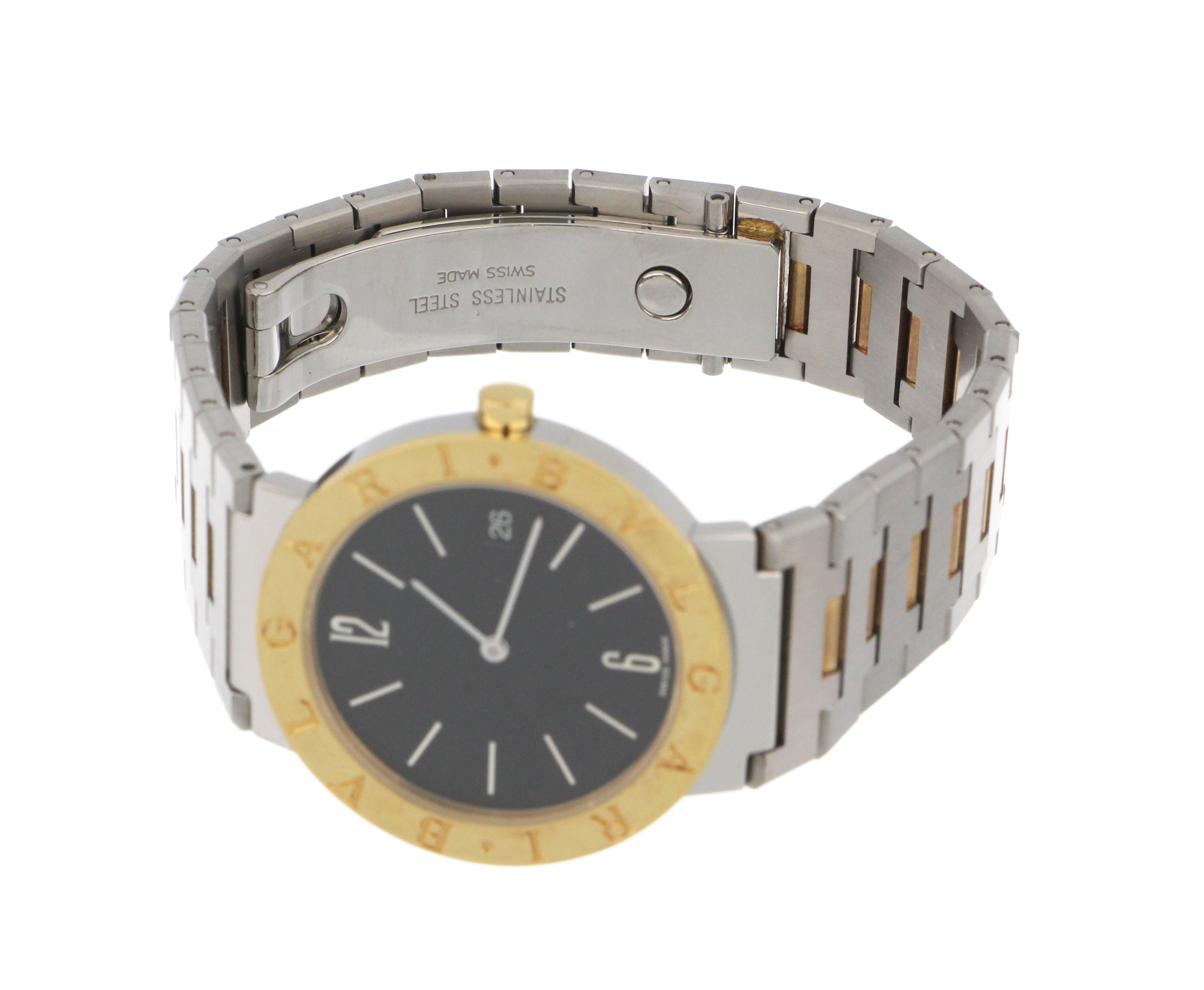 Detail of folding clasp on stainless steel bracelet of Mens' Bvlgari watch