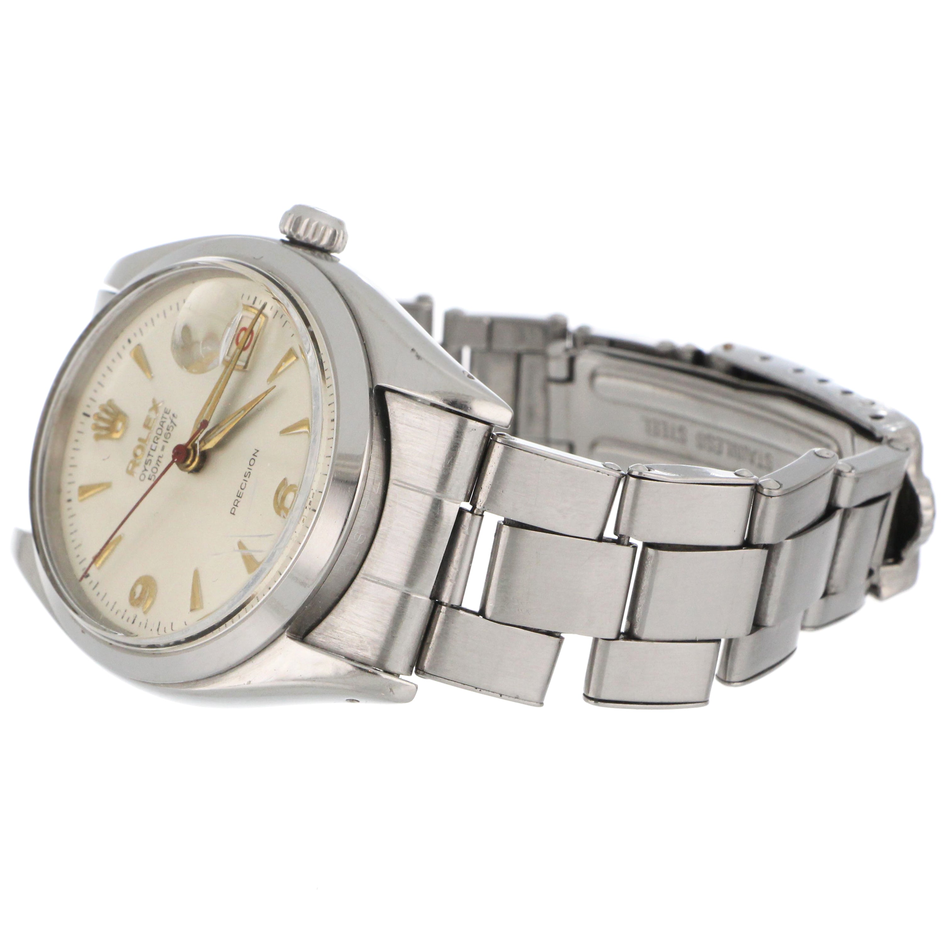 Vintage Rolex Oyster Date Precision 34mm case showing crown and bezel close-up