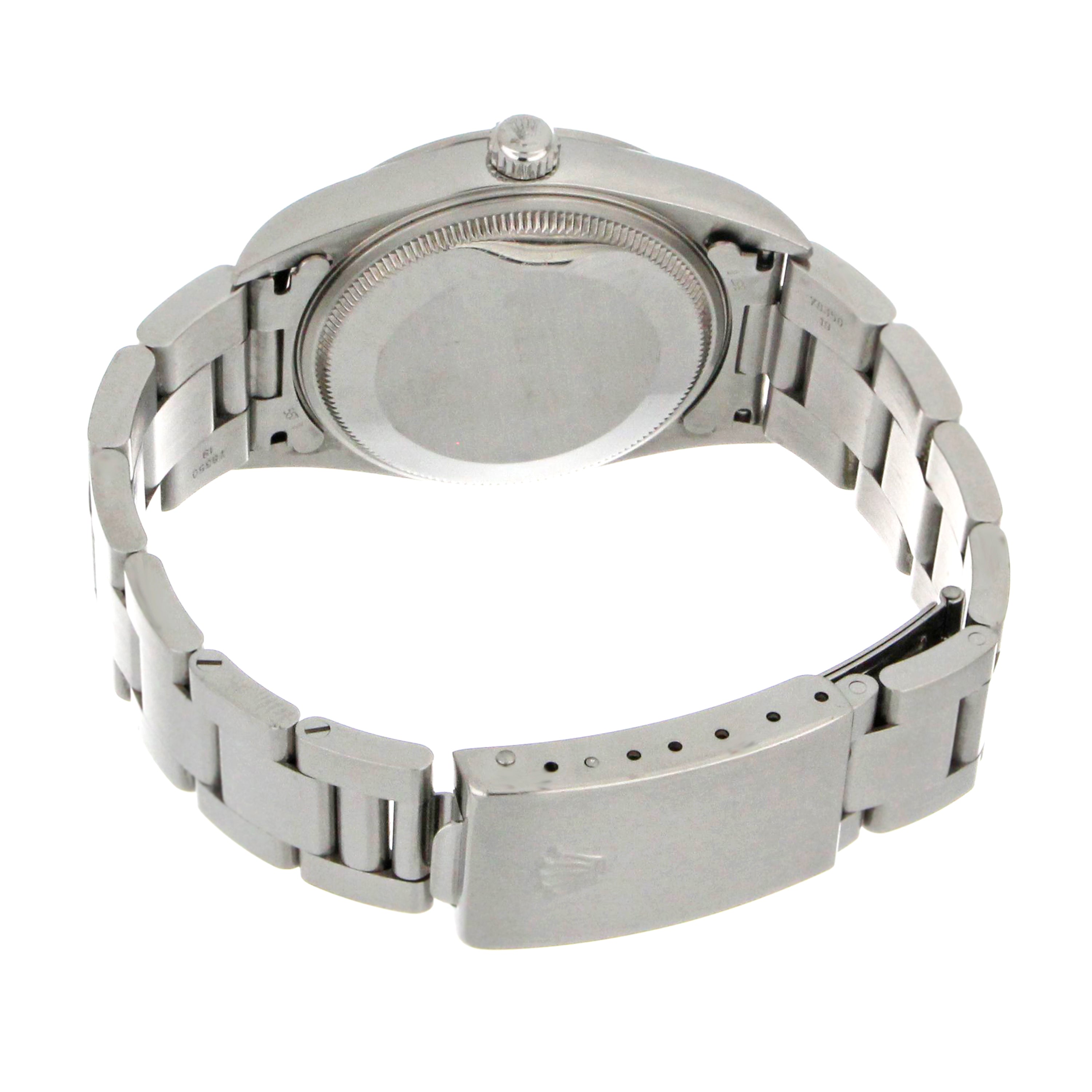 Back view of Rolex Air King stainless steel solid case back
