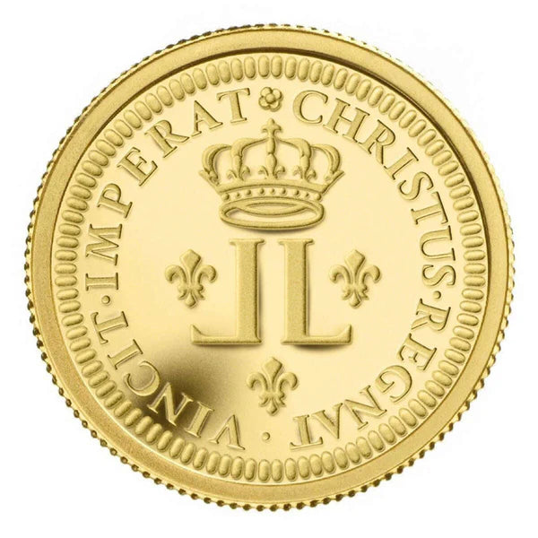 Obverse angle of 2008 Canadian gold Louis coin showing proof finish and detailed engraving, weight 0.051 oz