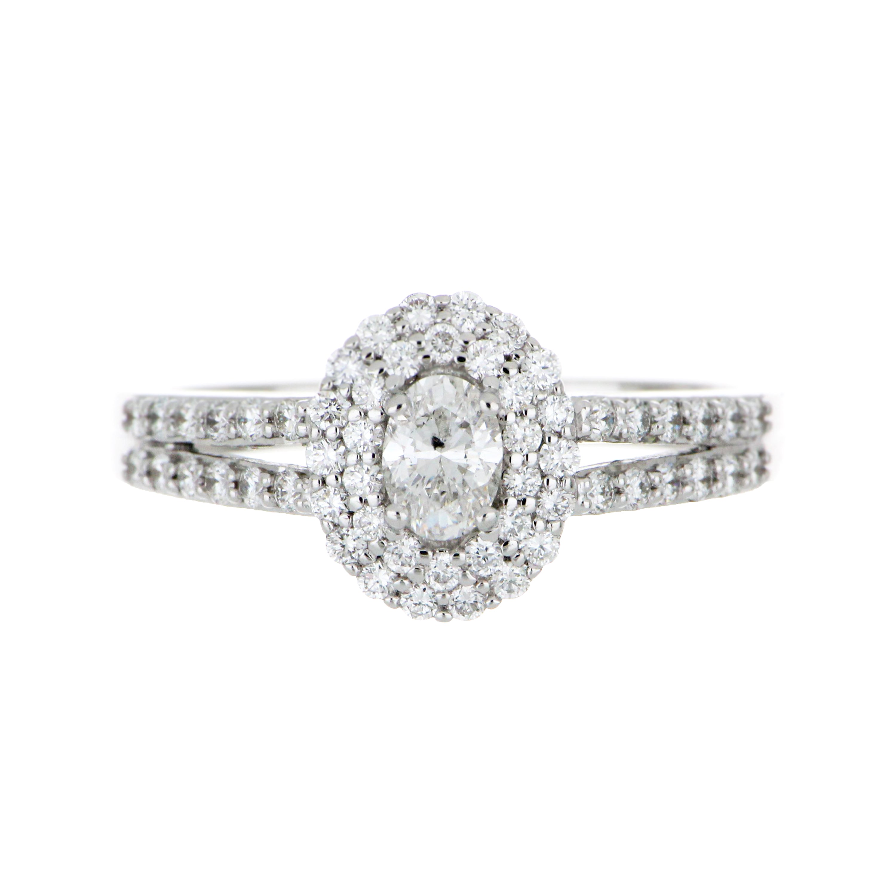 14kt white gold ring with oval center diamond and full-cut round diamonds side view