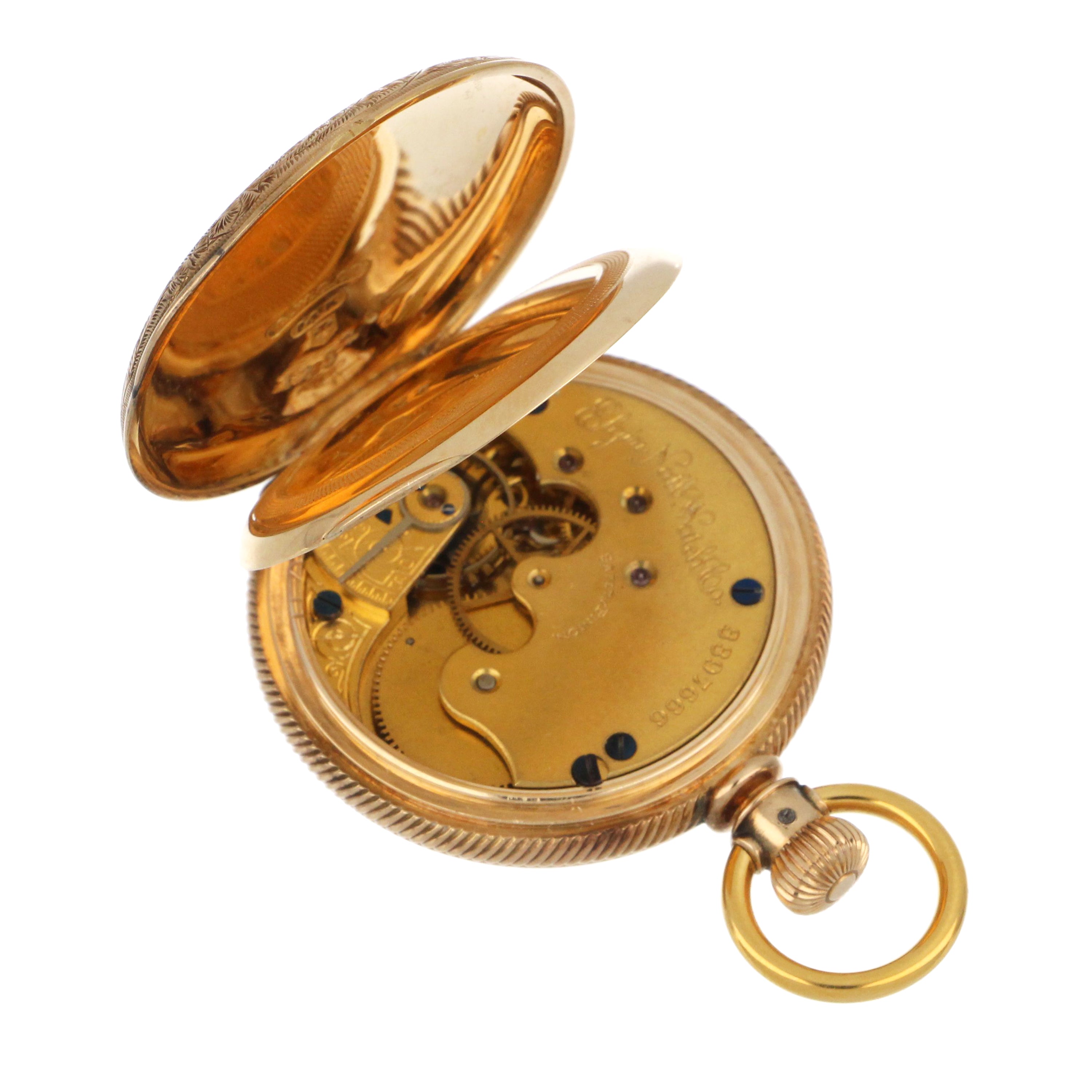 Detailed view of gold clasp and watch strap material highlighting 14kt purity