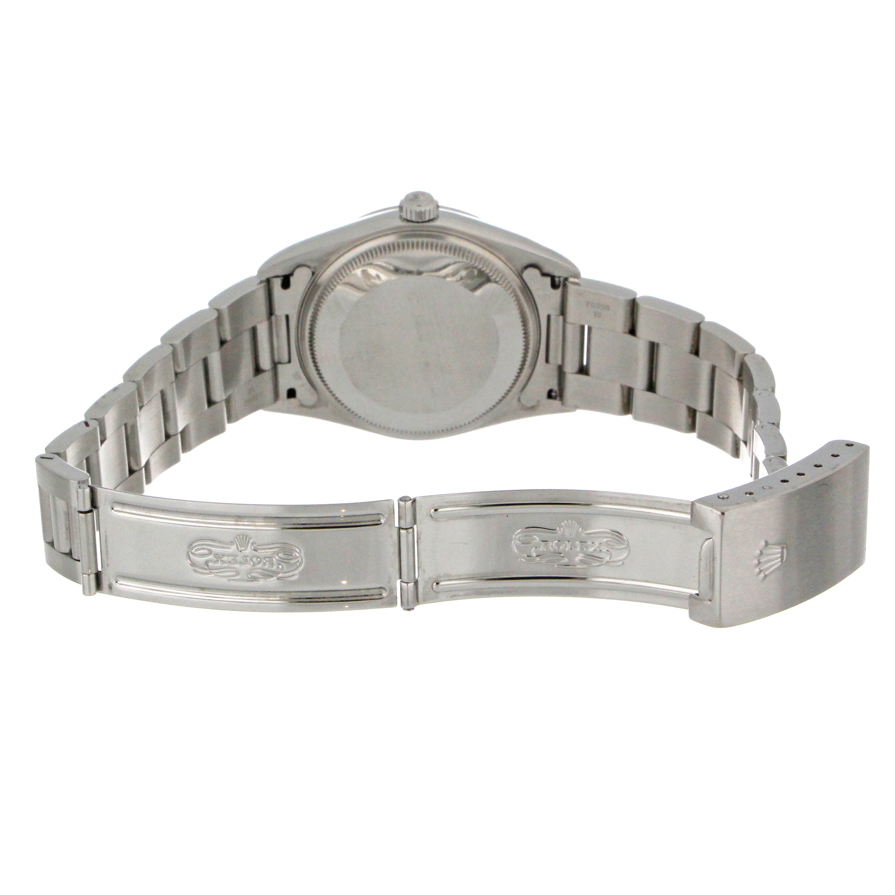 Rolex Oyster Perpetual Air King full bracelet clasp close-up, stainless steel finish