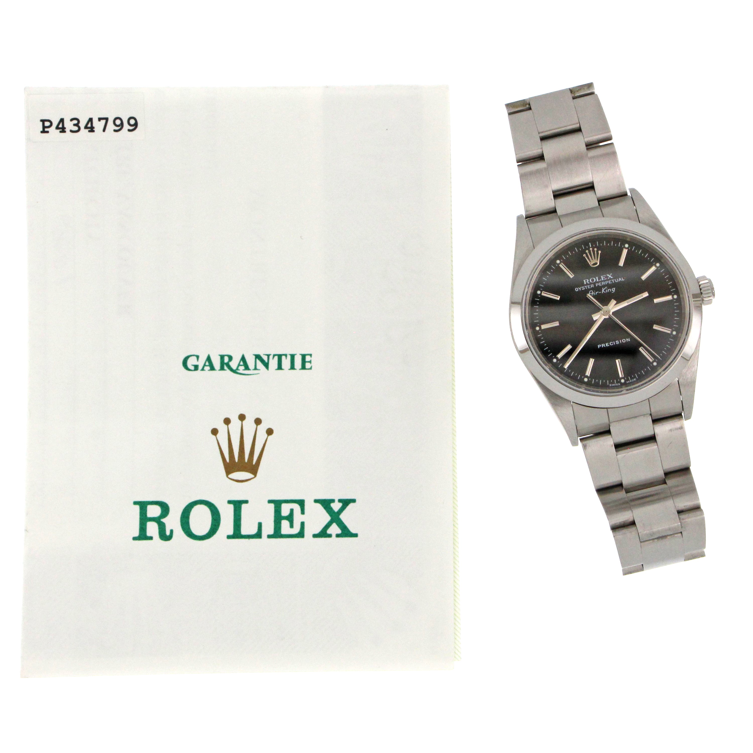 Packaging image with Rolex certificate beside the Mens' Rolex Oyster Perpetual Air King watch