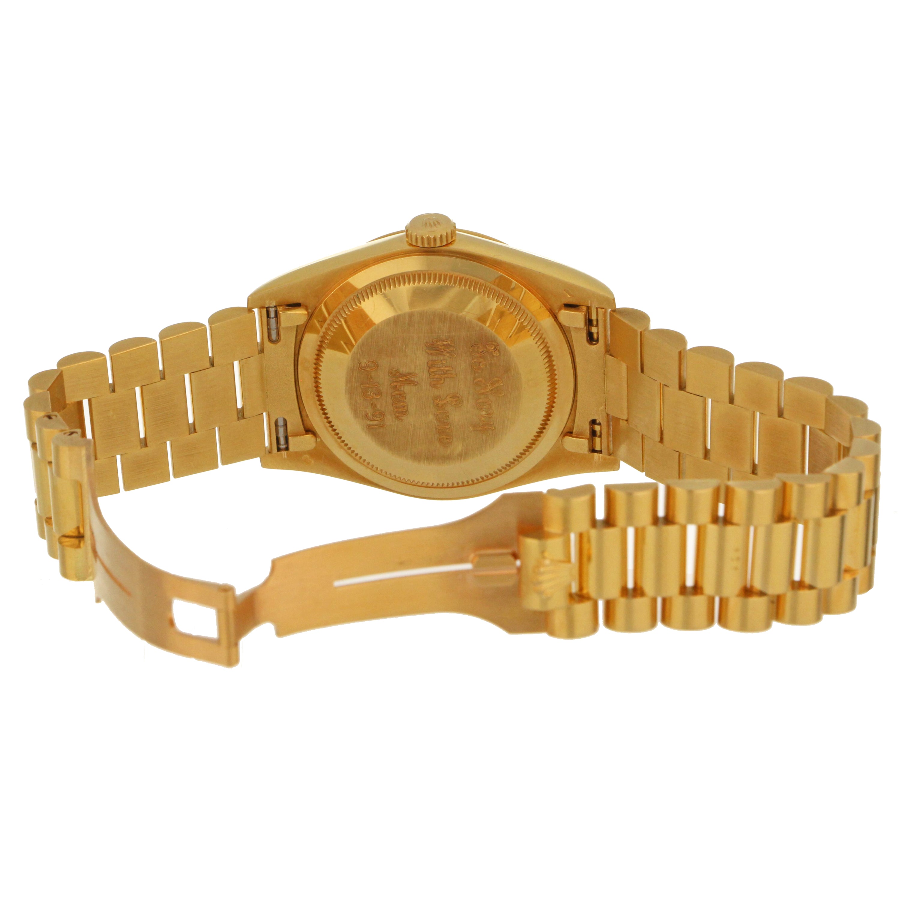 Full view of men's vintage Rolex Oyster Perpetual Day-Date yellow gold watch on wrist
