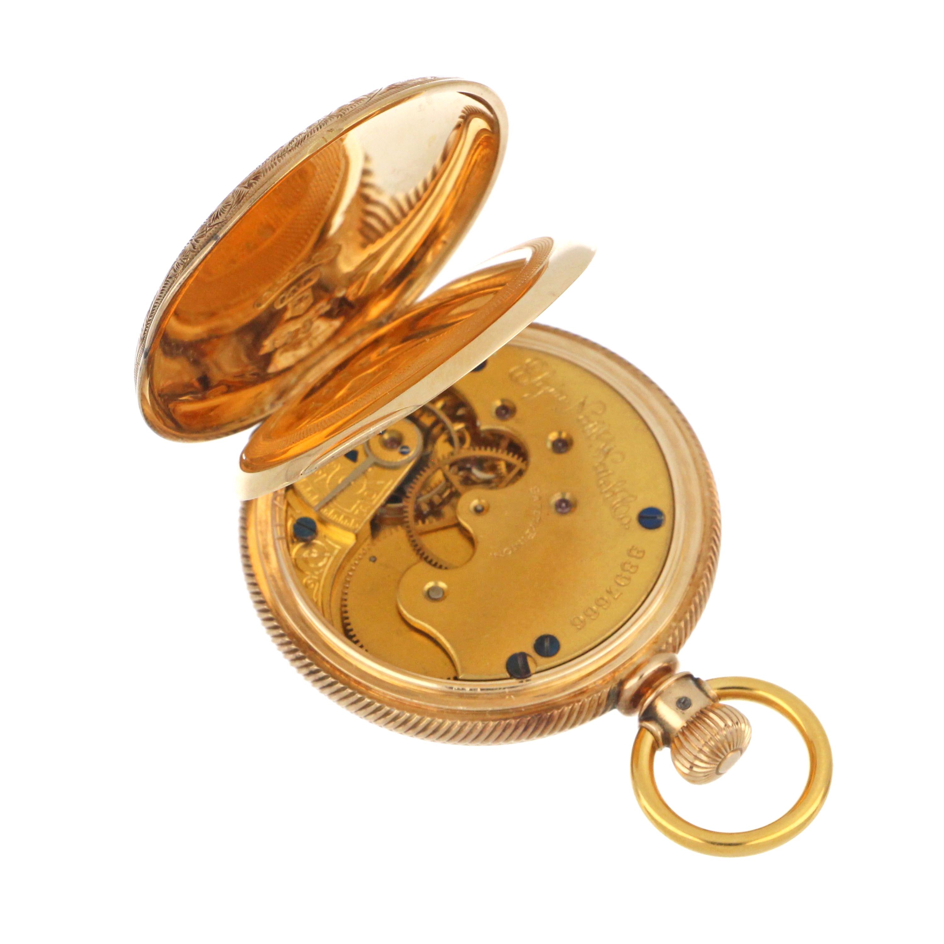 Elegant display of complete Elgin pocket watch with solid yellow gold case and clear dial