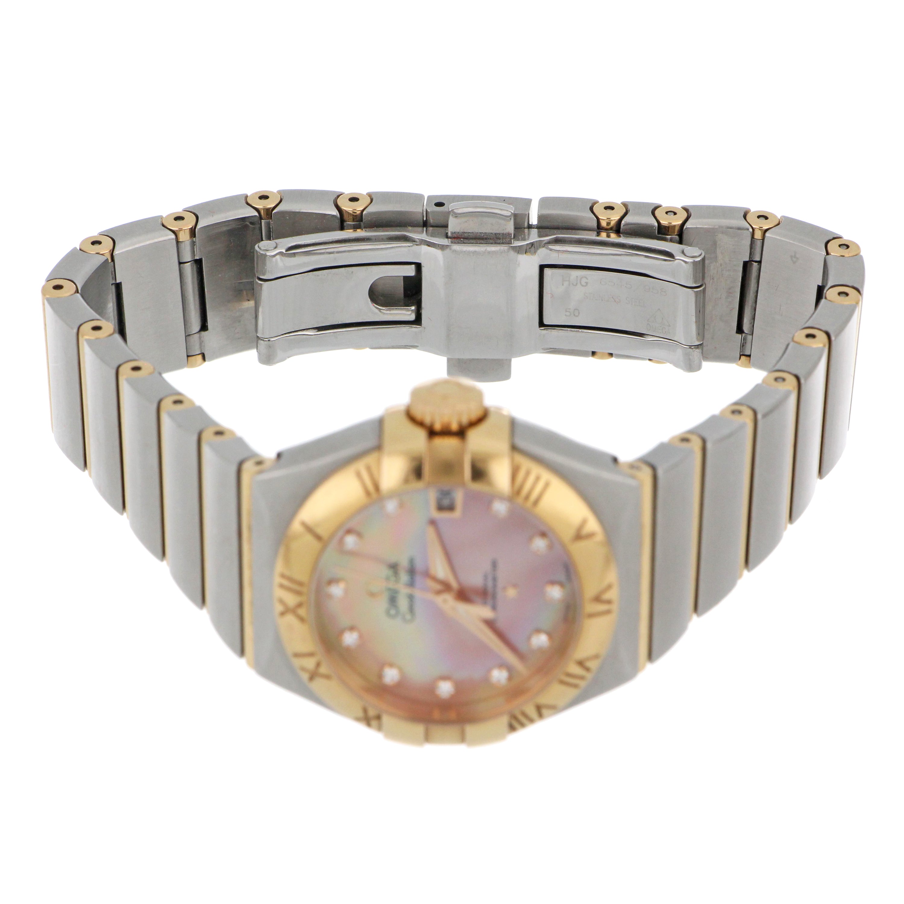 Full view of Ladies Omega Constellation wristwatch showcasing diamond indices on mother-of-pearl dial