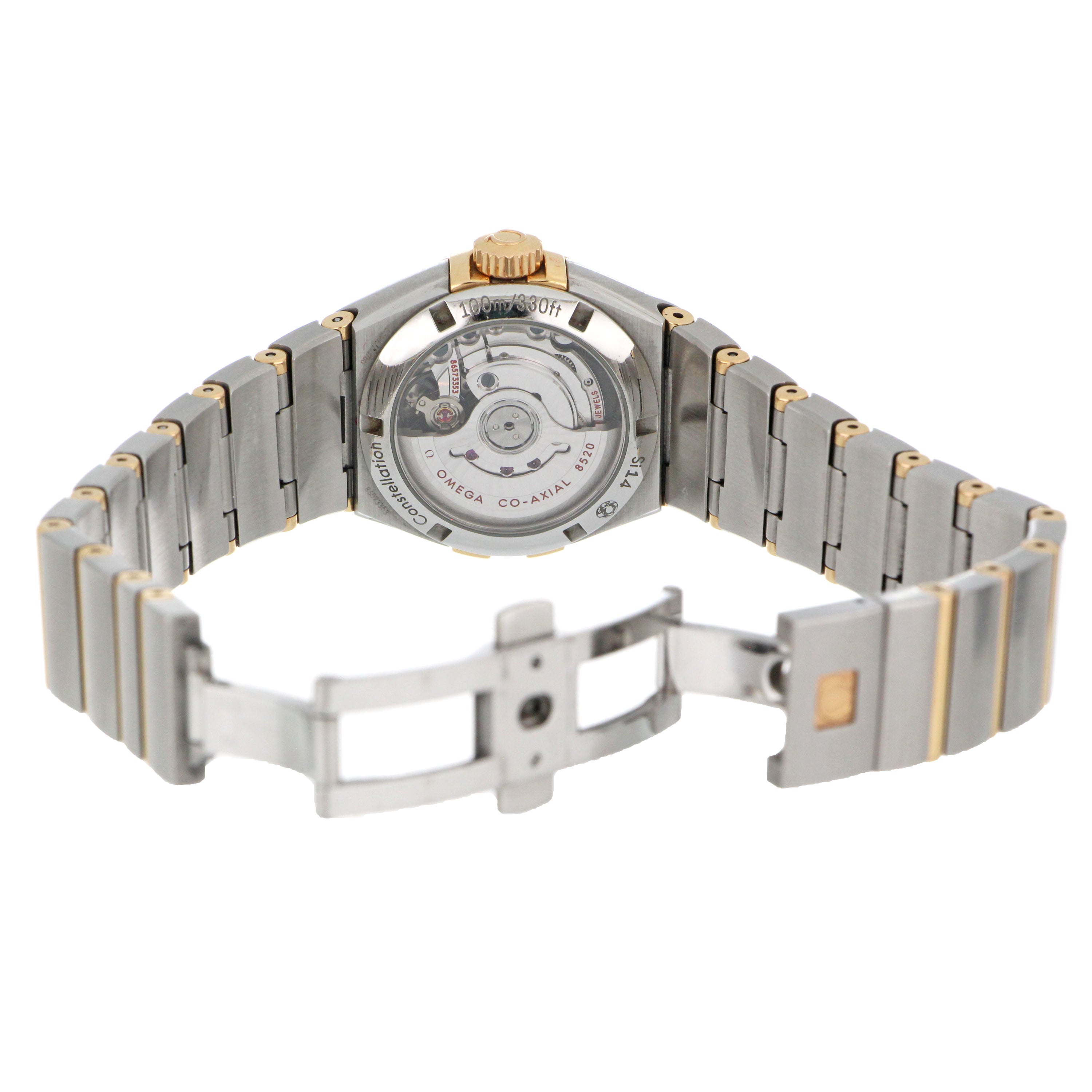 Omega Constellation watch dial under scratch-resistant sapphire crystal angled to reflect light
