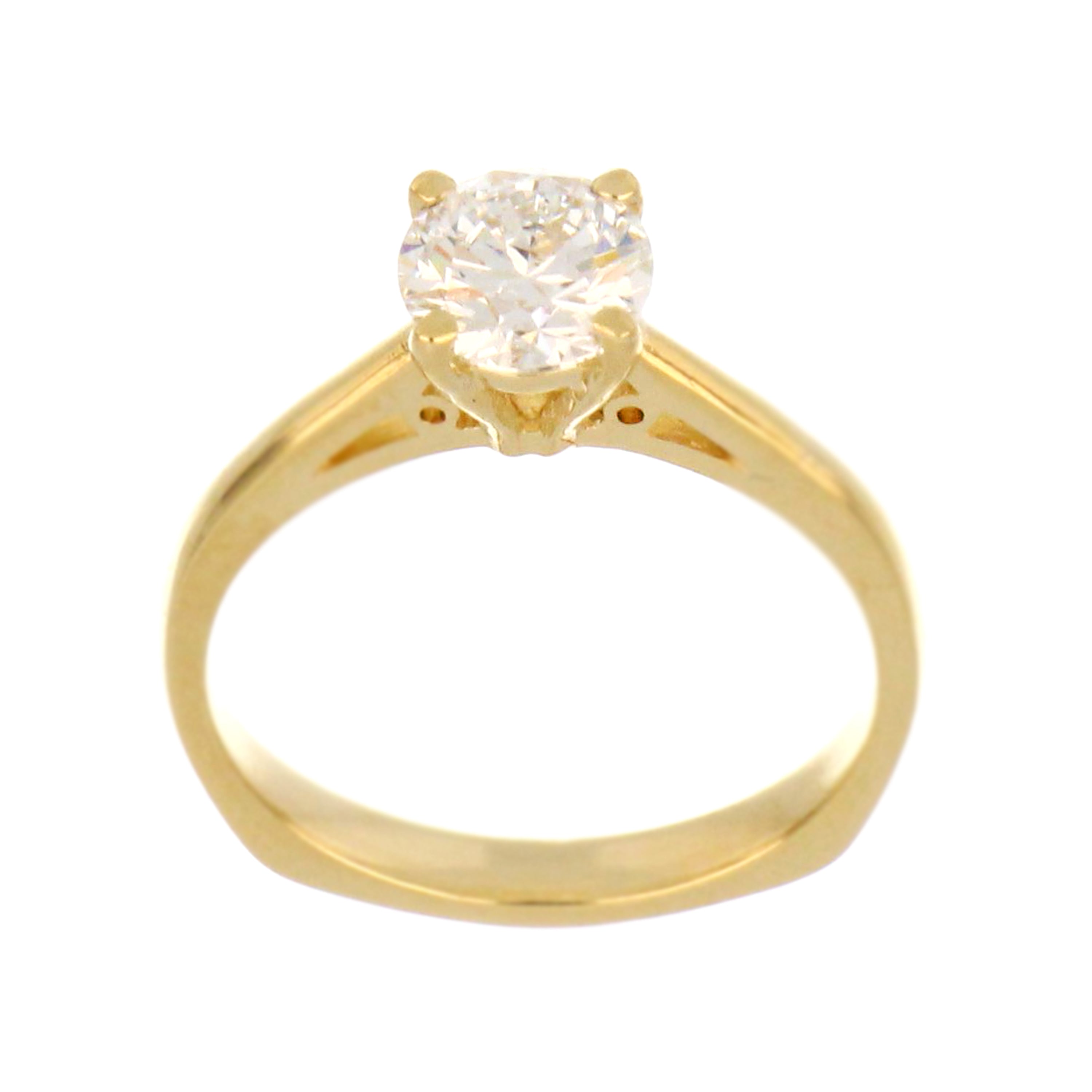 Close-up of 14kt yellow gold solitaire ring featuring a round brilliant cut lab grown diamond with 0.72ct weight and claw setting