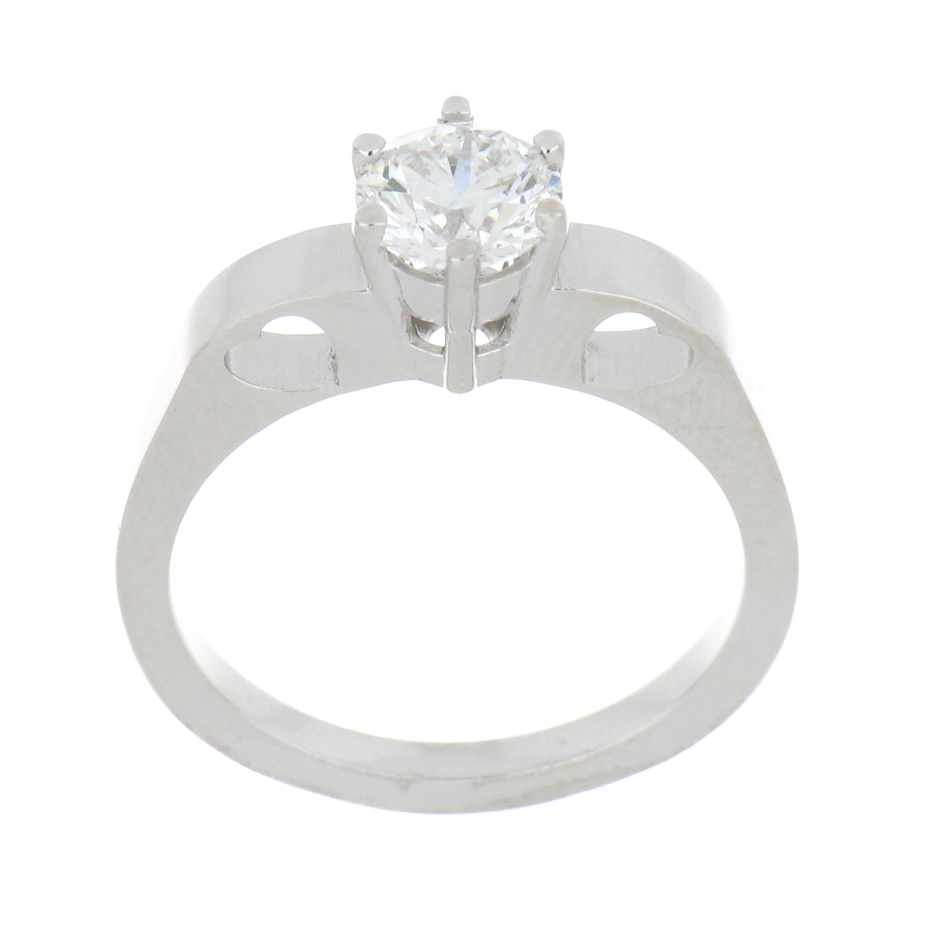 close-up of 14kt white gold solitaire ring with 1.01ct round brilliant lab-grown diamond, showing 6-claw setting and polished shank