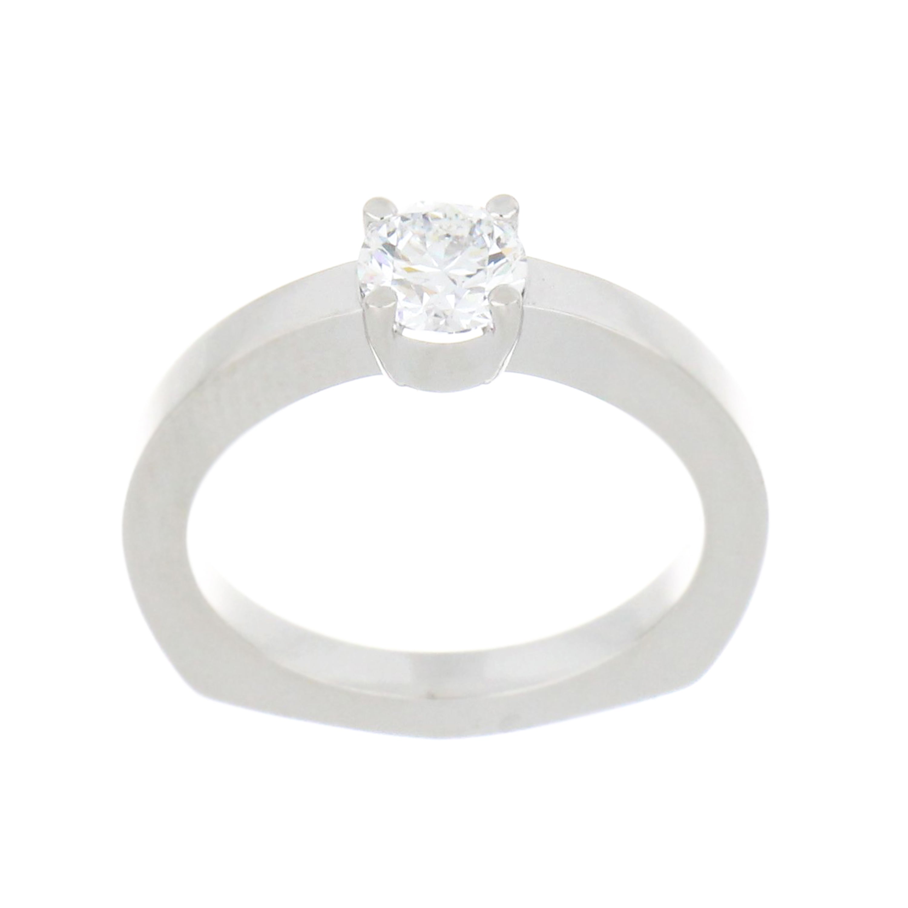 14kt white gold solitaire ring featuring a round brilliant cut lab grown diamond in 4-claw setting, angle showing diamond top and polished shank