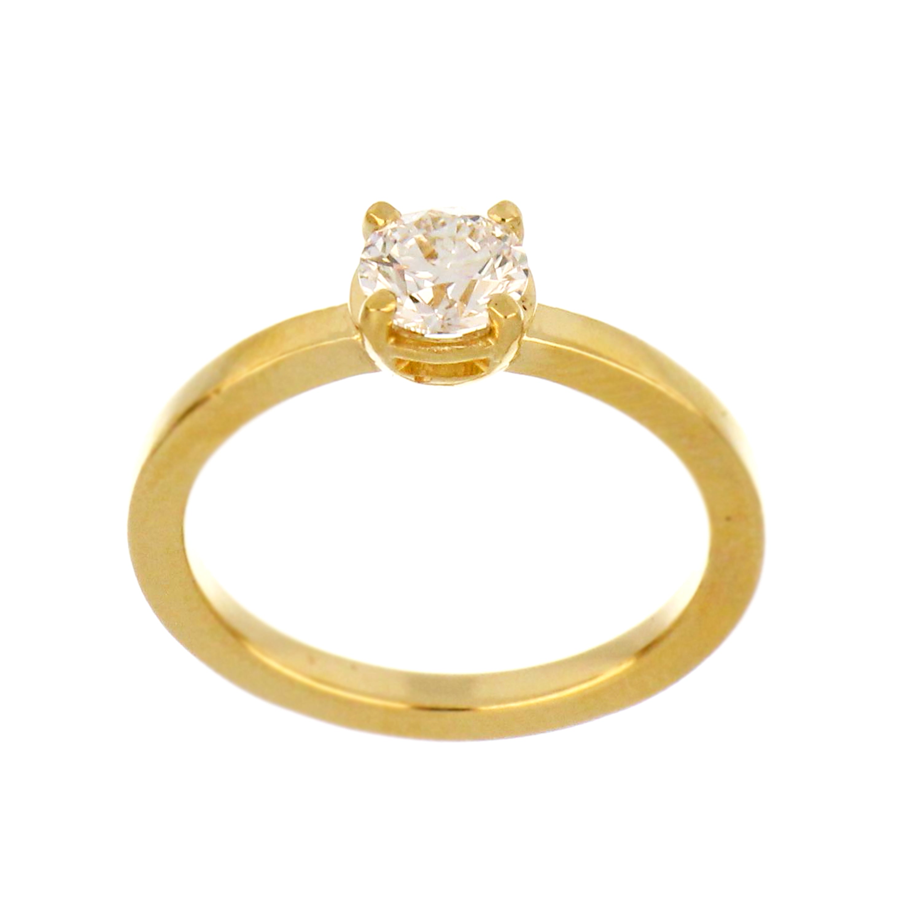 14kt yellow gold solitaire ring with round brilliant cut lab grown diamond viewed at front angle showcasing claw setting