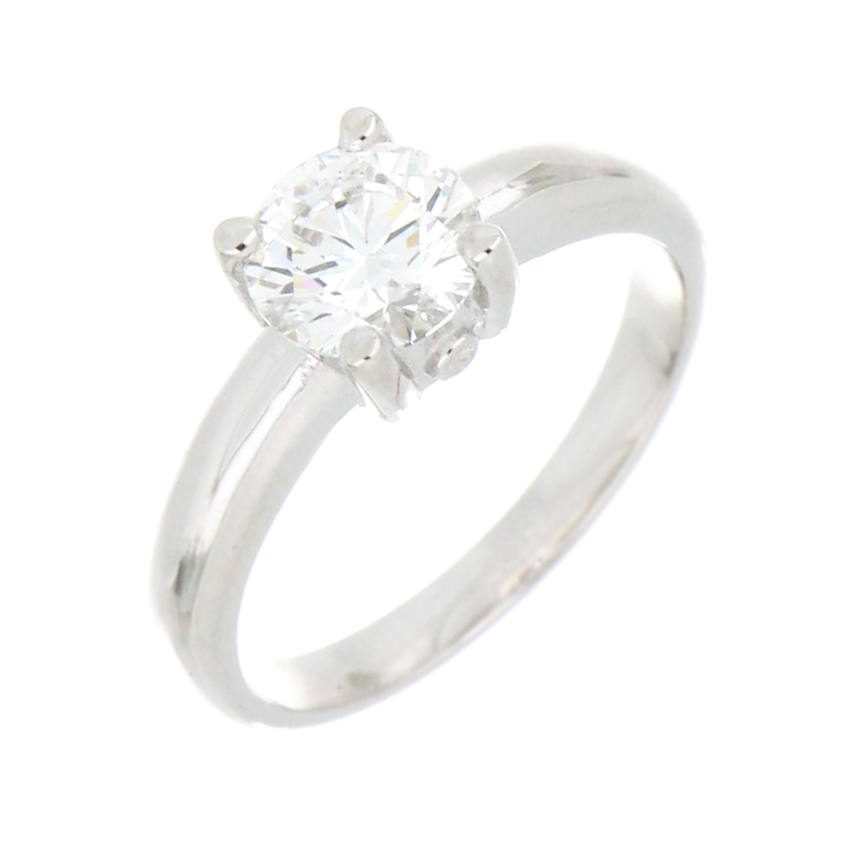 Close-up front view of 14kt white gold solitaire ring featuring 1.08ct round lab grown diamond with VS1 clarity and E color