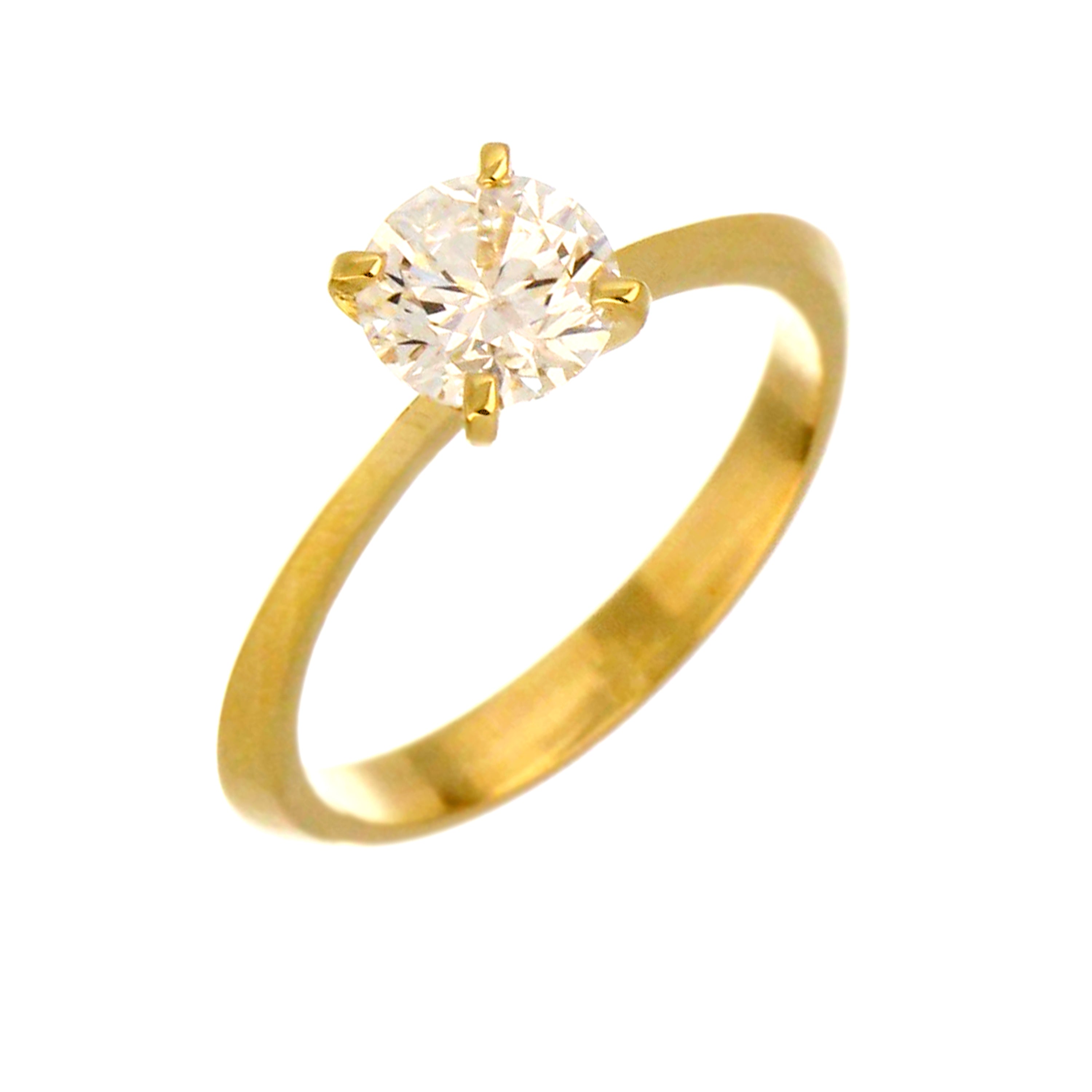Side profile of 14kt yellow gold solitaire diamond ring showing polished shank and diamond elevated in claw setting