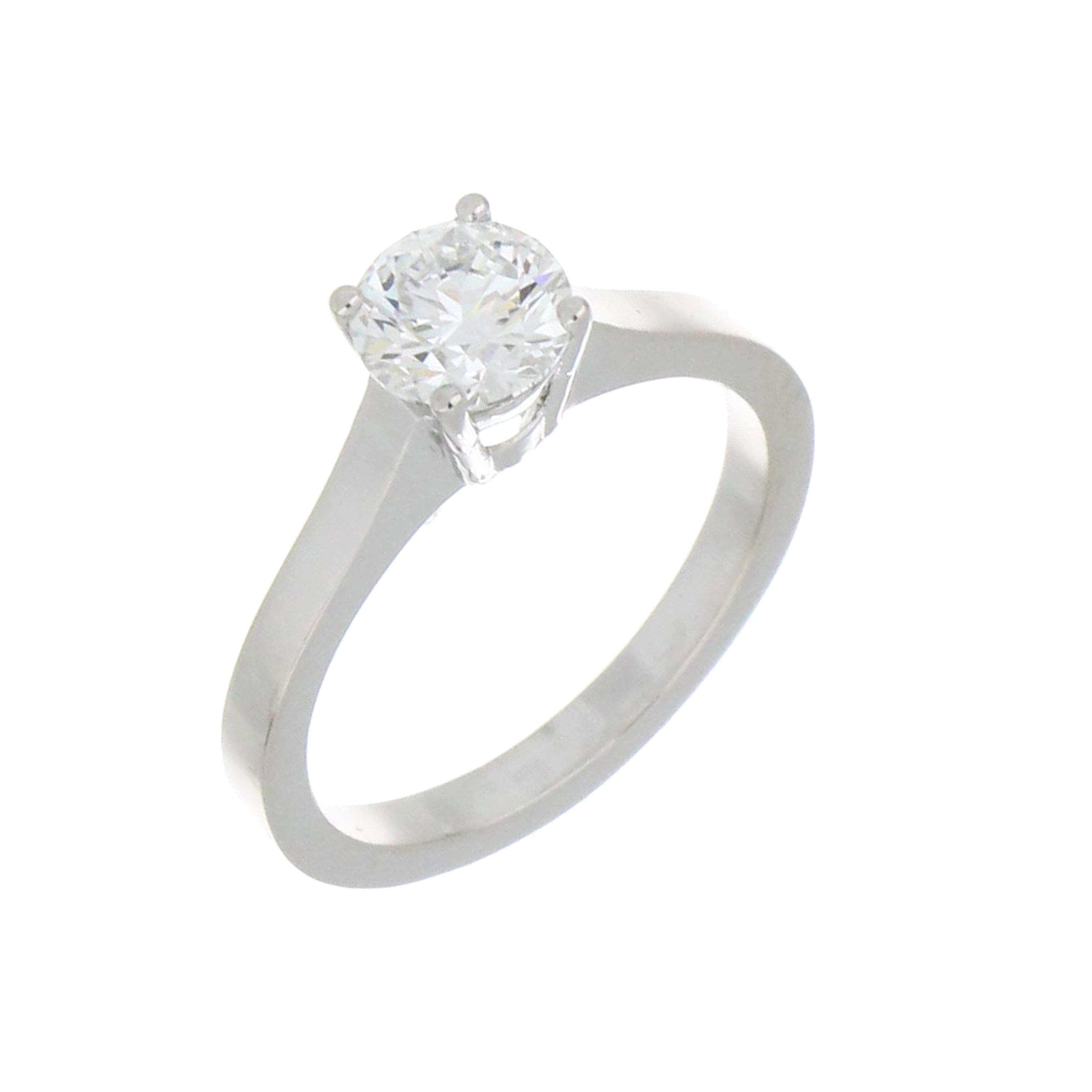 Close-up angle of 1.13ct round lab grown diamond set in 4-claw 14kt white gold ring