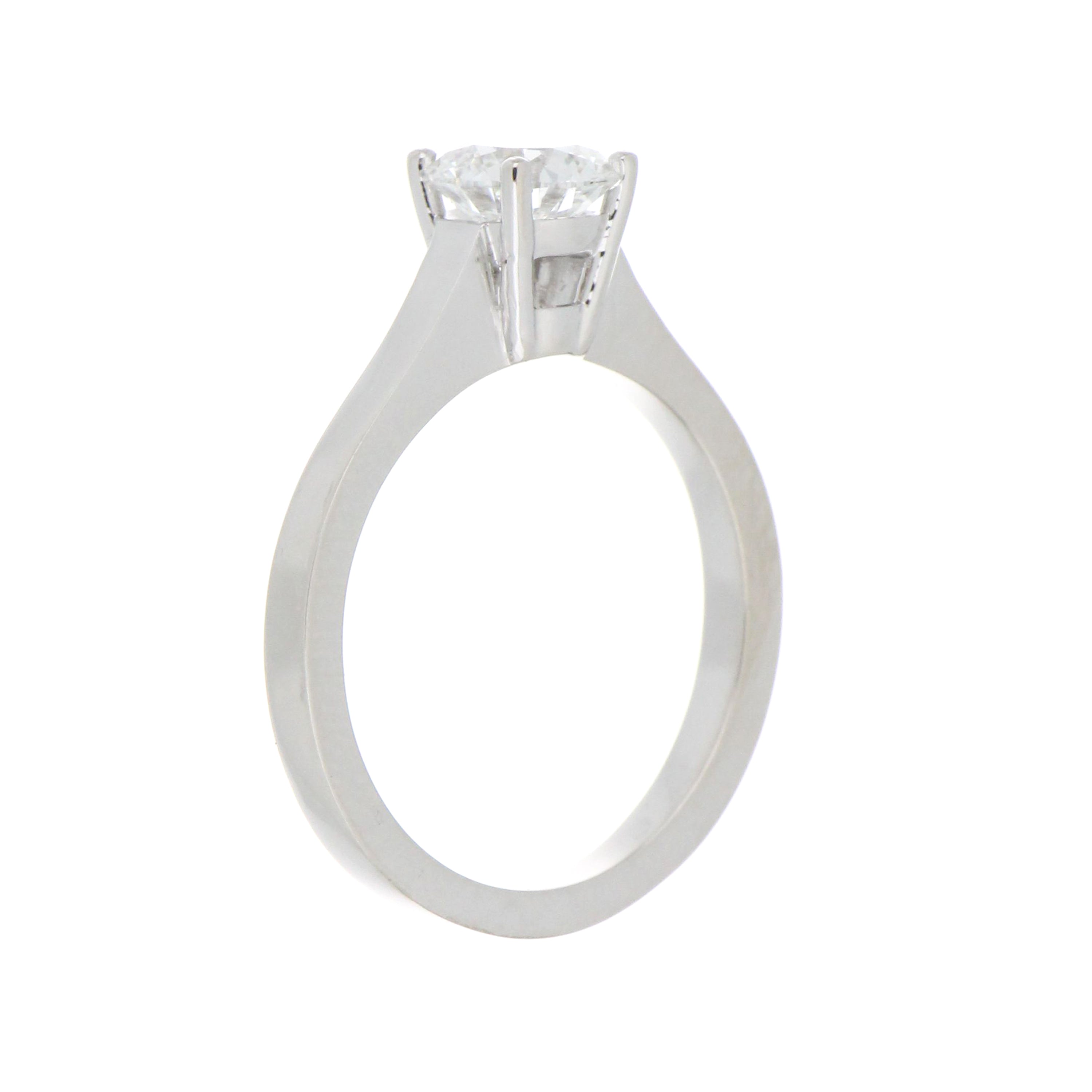 Top view of round brilliant cut lab grown diamond on white gold setting