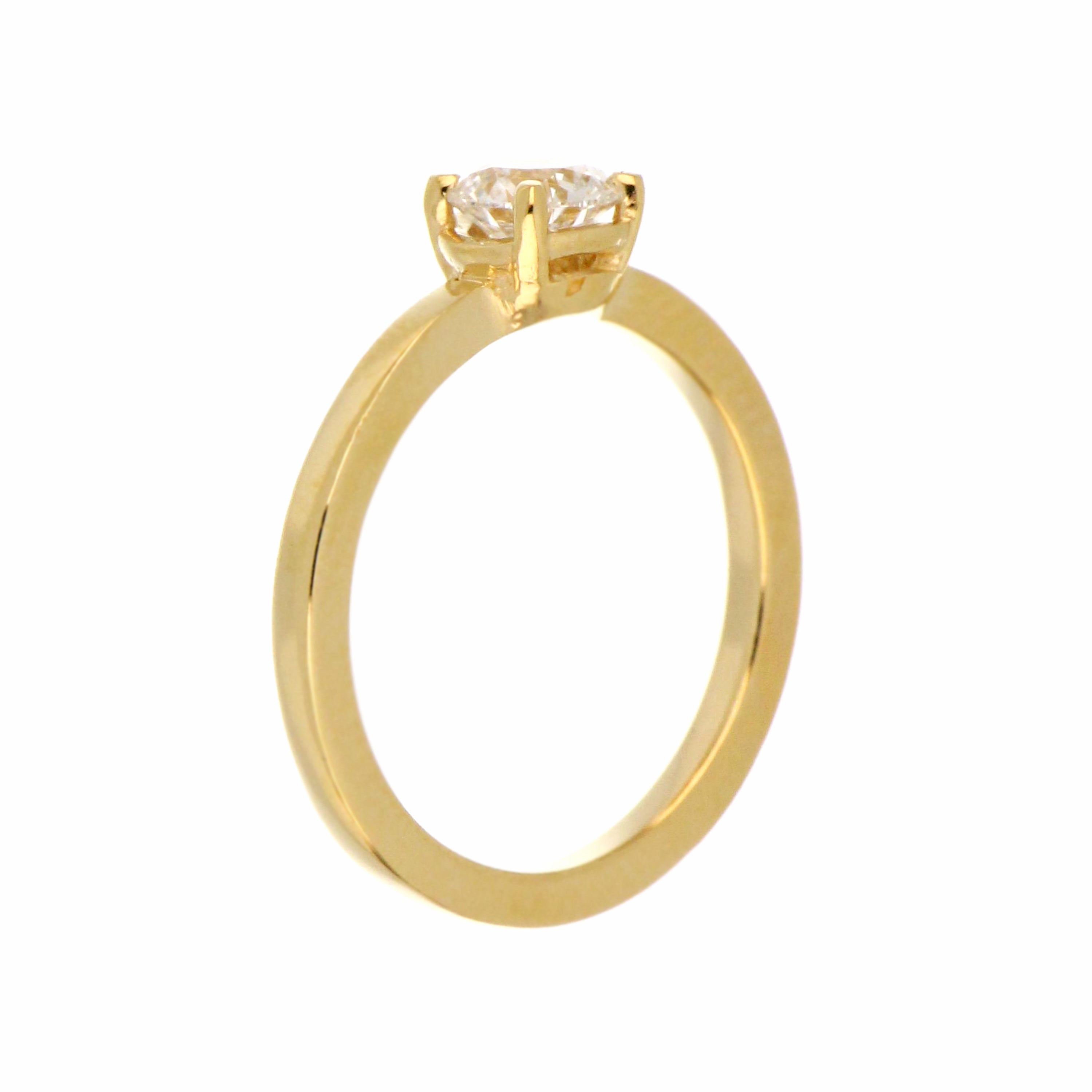 Top view of round 0.74ct lab grown diamond solitaire set in yellow gold 14kt engagement ring