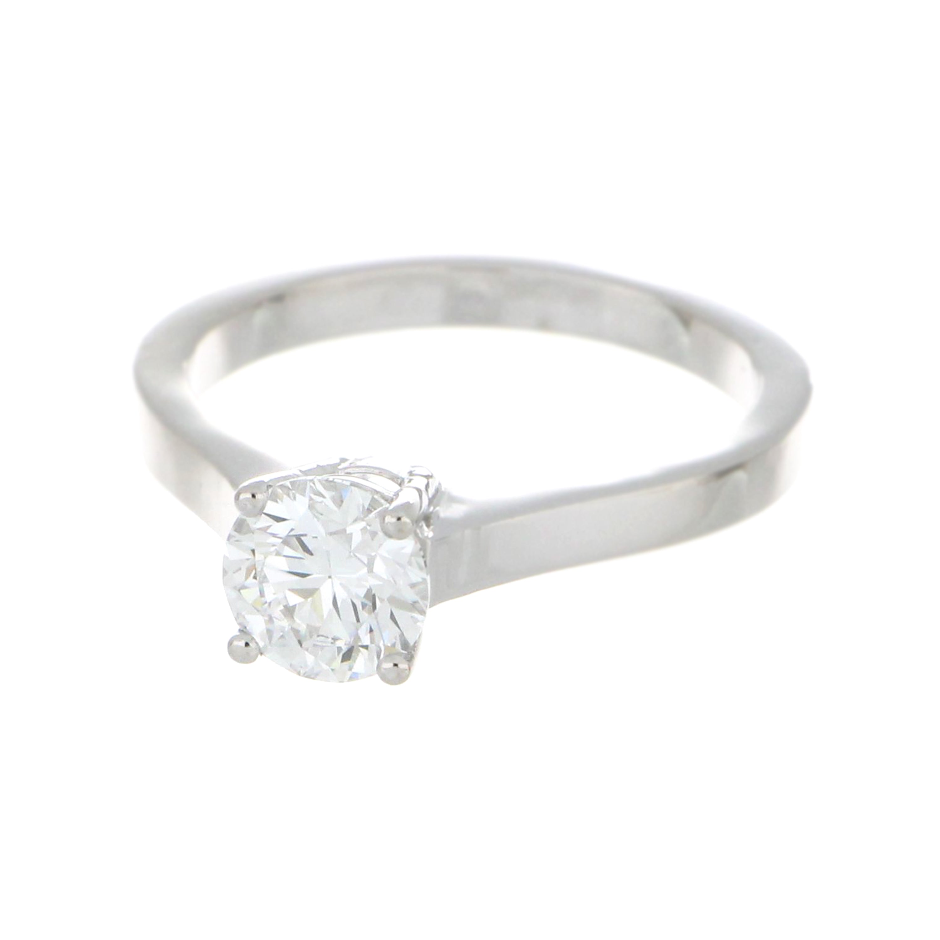 Profile view of 14kt white gold solitaire diamond ring showing polished band