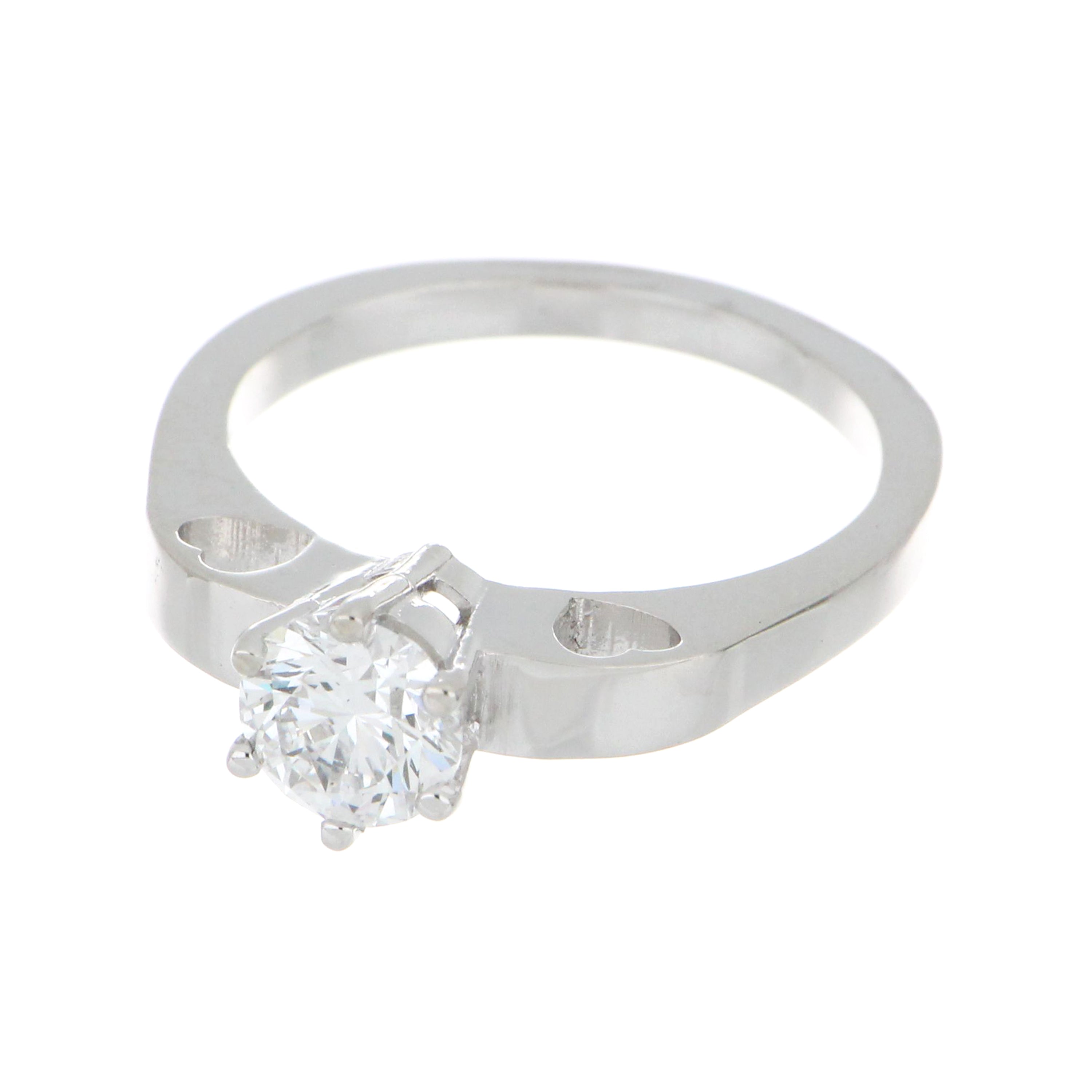top-down view showcasing round brilliant cut lab-grown diamond in 6-claw setting on white gold ring