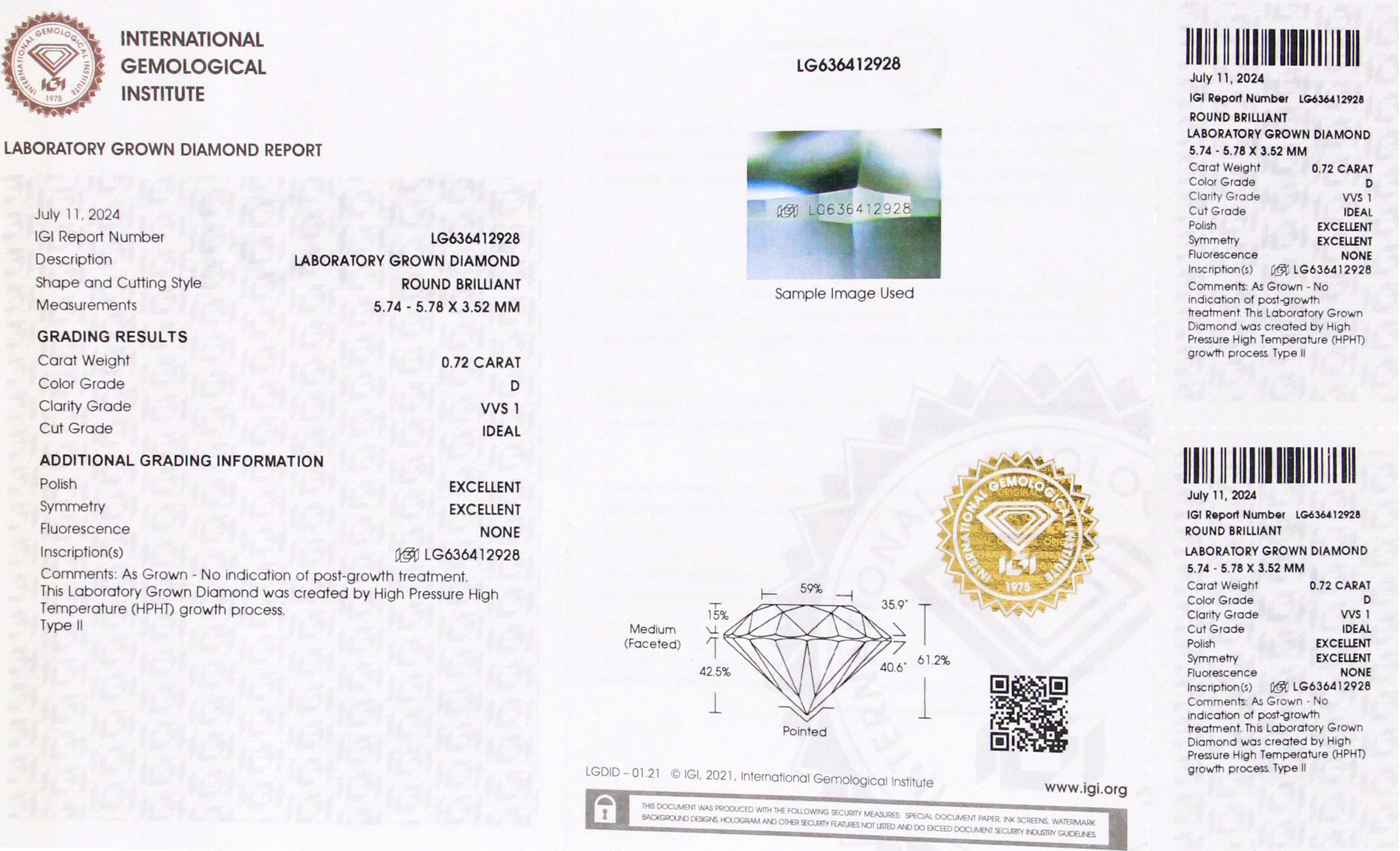 Full ring shot of 14kt white gold solitaire engagement ring with round brilliant cut lab grown diamond, ring size 7.5