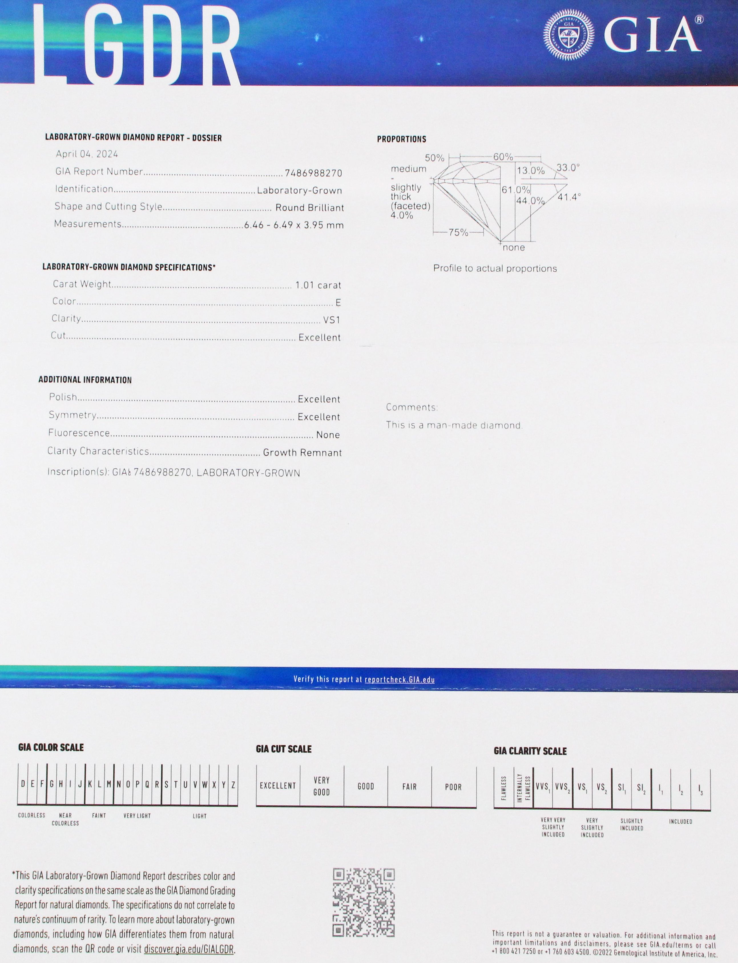 Detailed image of 14kt yellow gold engagement ring featuring 1.01 carat GIA certified lab grown diamond in claw setting